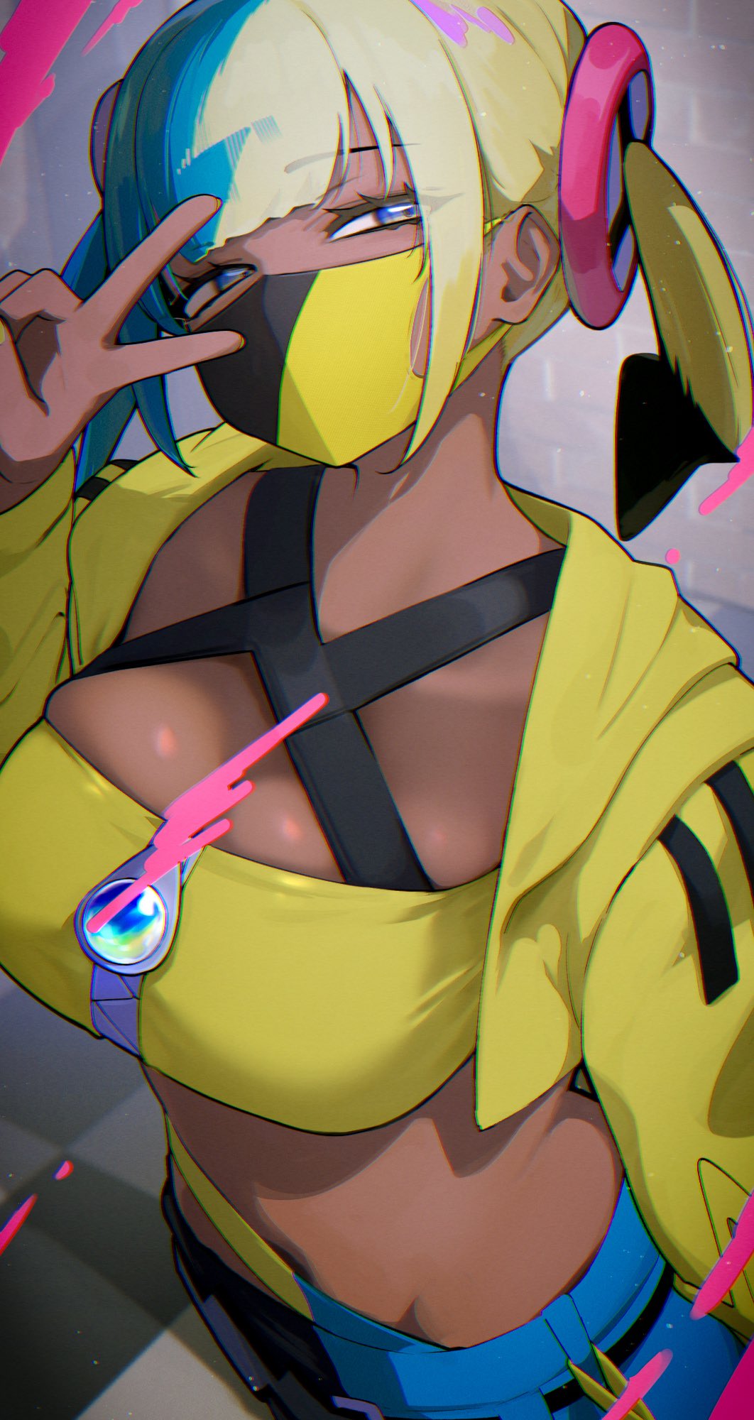 1girls, aqua hair, bandeau, belt, big breasts, black belt, black mask, black pants, blonde hair, blue eyes, blue hair, blue pants, breasts, canari (pokemon), canary (pokemon), criss-cross straps, dark skin, dark-skinned female, female, female only, highres, hizake, hizake mozu, jacket, kashu (hizake), large breasts, long sleeves, looking at viewer, mask, mega stone, mouth mask, multicolored hair, nail polish, navel, nintendo, pants, pokemon, pokemon legends: z-a, short twintails, solo, split-color hair, sports bra, streetwear, twintails, two-tone hair, two-tone mask, two-tone pants, v, yellow bandeau, yellow jacket, yellow mask, yellow nails, yellow sports bra