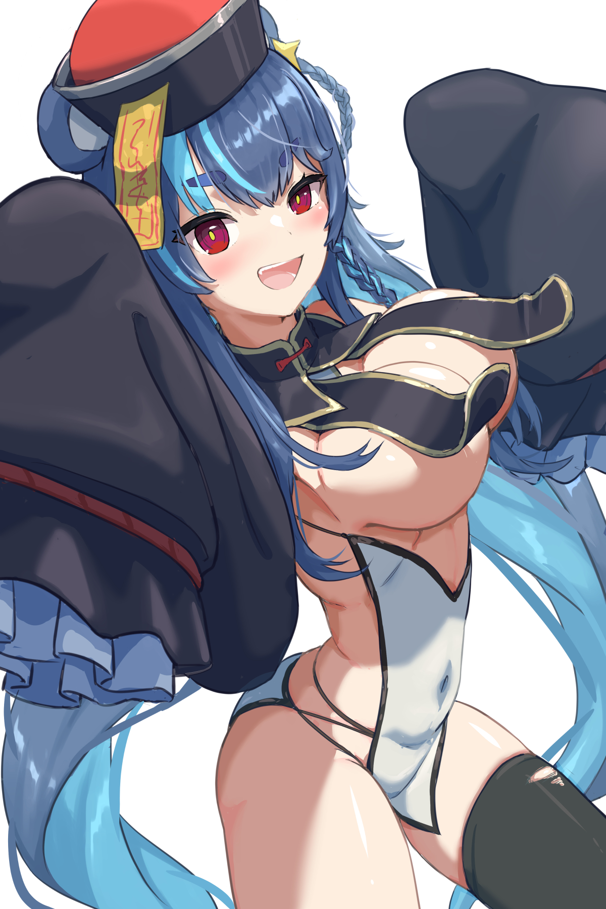 1girls, animal ears, aqua hair, bear ears, blue hair, blush, bouncing breasts, braid, braided hair rings, breast curtains, breasts, chinese clothes, colored inner hair, commentary request, covered navel, cowboy shot, detached sleeves, female, frilled sleeves, frills, fujikura uruka, groin, hair rings, hat, highres, jiangshi costume, large breasts, light skin, light-skinned female, long hair, long sleeves, looking at viewer, multicolored hair, navel, ofuda, ofuda on head, open mouth, phase connect, phase origins, qingdai guanmao, red eyes, side braid, simple background, skindentation, sleeves past fingers, sleeves past wrists, smile, solo, star (symbol), star ornament, thick eyebrows, thighhighs, virtual youtuber, white background, yukichi (yu-ame)