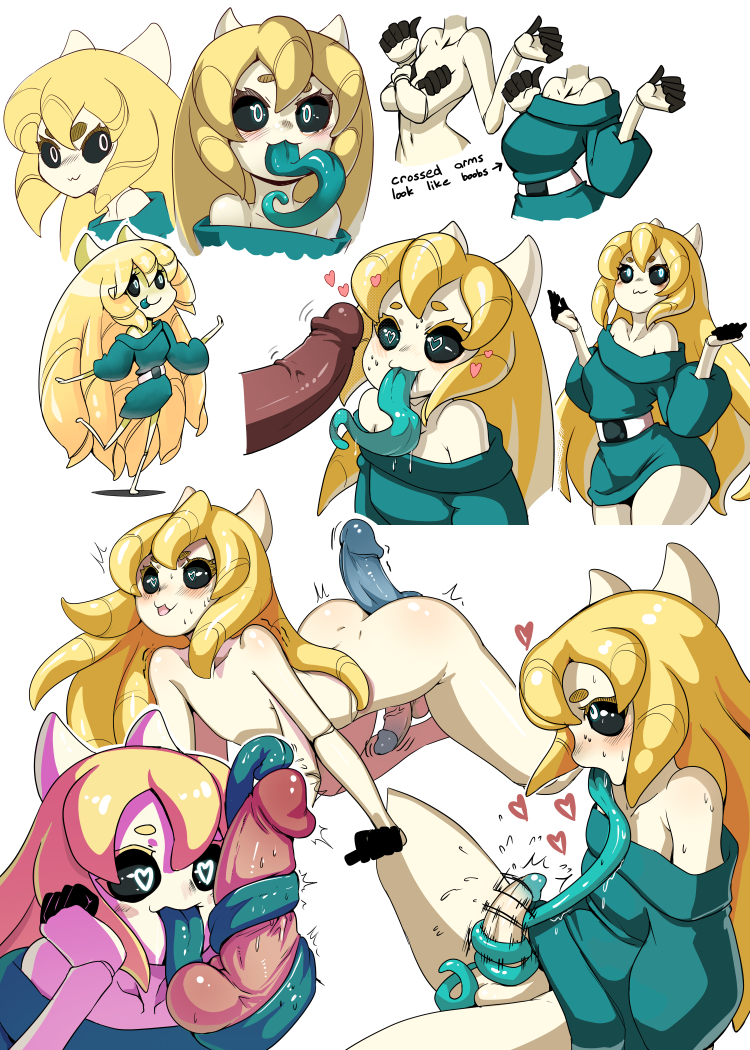4 arms, assjob, autofellatio, balls, bankage, big penis, black sclera, blonde hair, disembodied penis, drill hair, fellatio, femboy, green tongue, haley (bankage), heart-shaped pupils, horns, imminent anal, imminent sex, large penis, long tongue, medium penis, monster boy, off-shoulder sweater, oral, original, penis, rolling eyes, solo focus, sweater dress, tongue, tongue out, tonguejob, very long hair, very long tongue, white skin, yaoi
