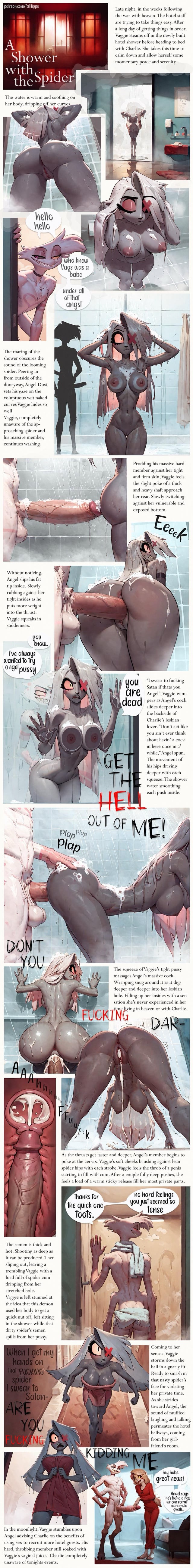against wall, ai assisted, ai generated, angel dust (hazbin hotel), angry, arched back, bent legs, bent over, breasts, charlie morningstar (hazbin hotel), cum, cum drip, cum in pussy, cum inside, fathippo, from behind, fucked from behind, fucked into submission, hazbin hotel, inside view, large ass, large breasts, large penis, leaking cum, legs apart, legs spread, lesbian with male, male, penis, pussy, pussy juice, pussy juice drip, shower, submissive, surprised, vaggie (hazbin hotel)