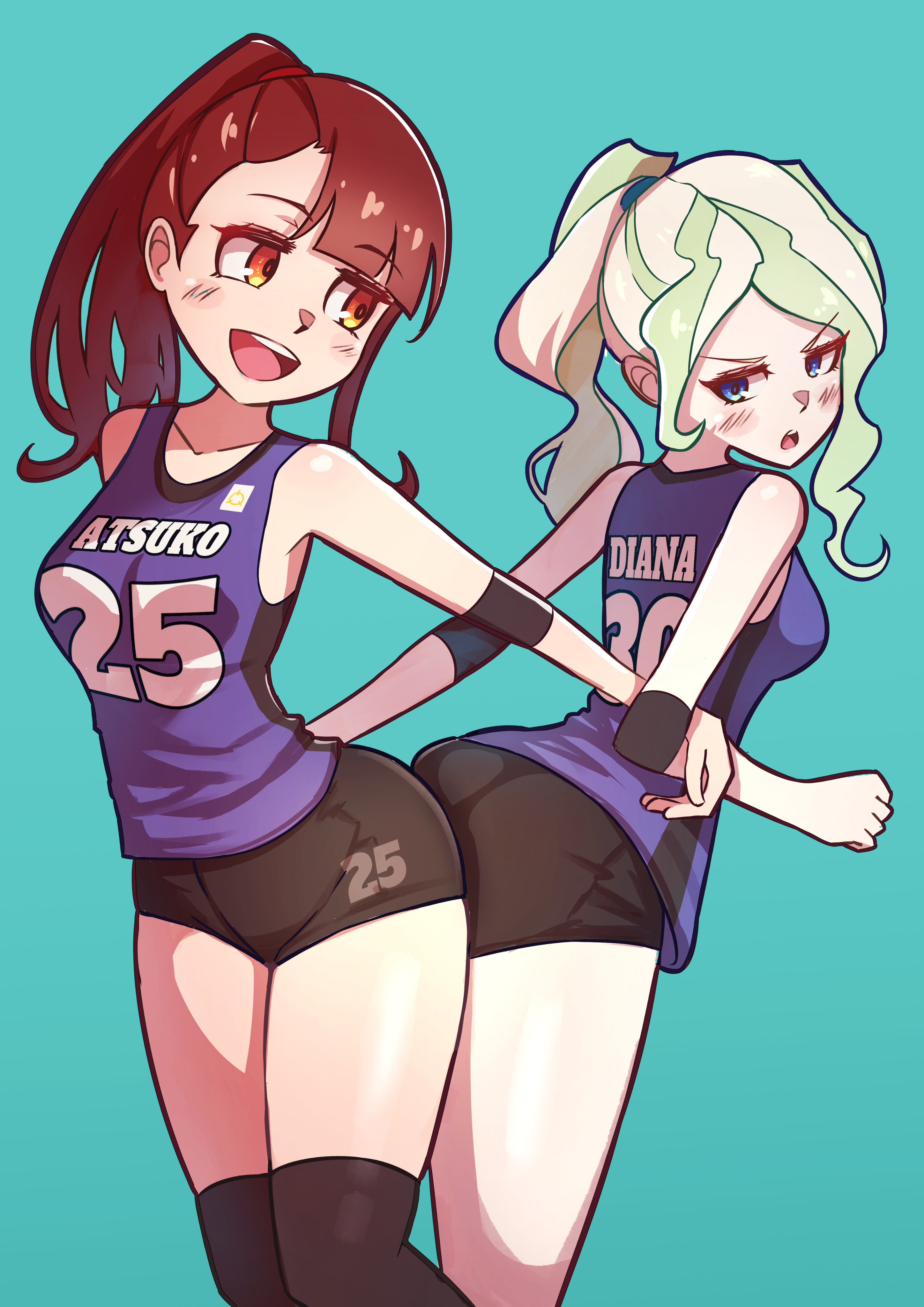 2girls, ass, athletic, atsuko kagari, blue eyes, brown hair, curvy, diana cavendish, female, female only, green hair, little witch academia, madabauillust, ponytail, red hair, studio trigger, thighs, wavy hair