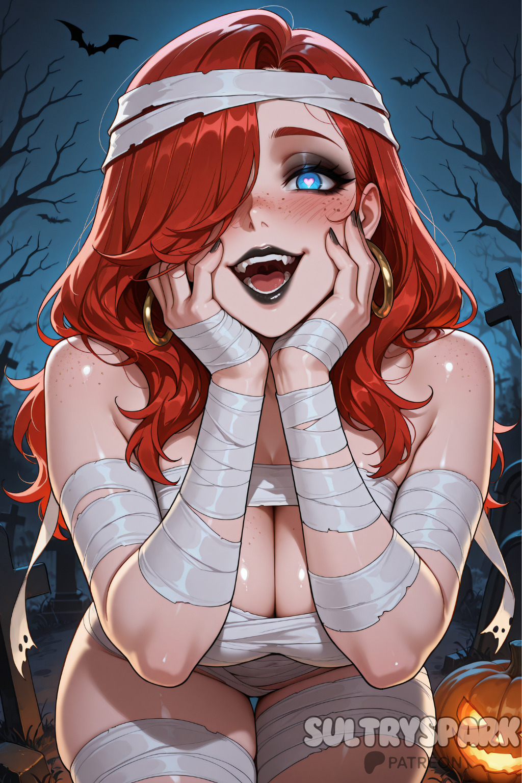 ai generated, bandages, bare shoulders, bare tree, black nails, blue eyes, blush, body freckles, breasts, cleavage, earrings, fangs, female, freckles, futarush, hair over one eye, halloween, hands on own face, heart, heart-shaped pupils, hoop earrings, jack-o'-lantern, jewelry, large breasts, league of legends, leaning forward, long hair, looking at viewer, miss fortune, mummy costume, naked bandage, night, open mouth, outdoors, patreon, patreon username, red hair, riot games, smile, solo, sultryspark, symbol-shaped pupils, thigh gap