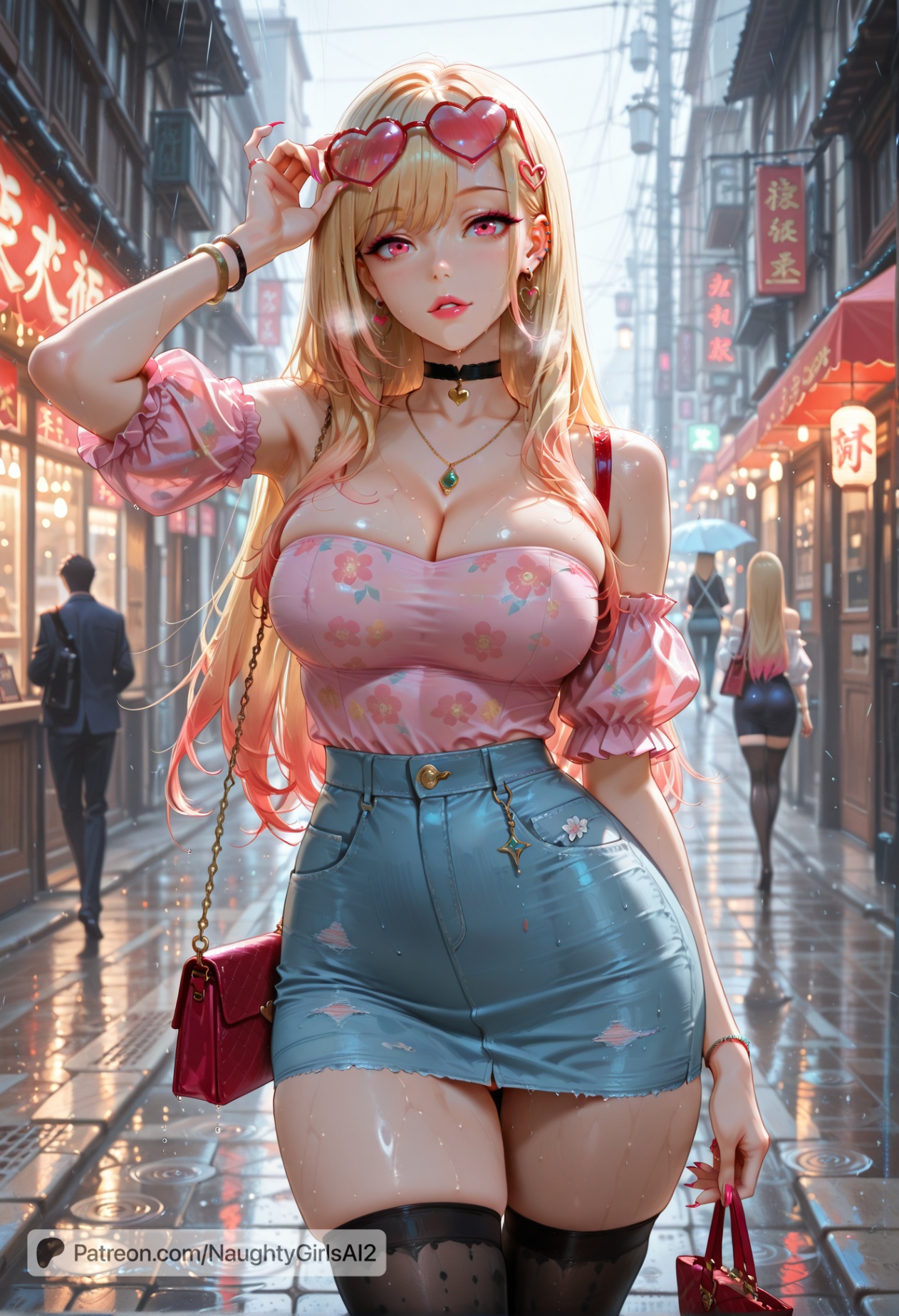1boy, ai generated, bangs, bare shoulders, big breasts, black choker, black legwear, blonde hair, blush, breasts, choker, cleavage, collarbone, day, earrings, eyebrows visible through hair, female, gradient hair, heart, jewelry, kitagawa marin, large breasts, lips, long hair, looking at viewer, makeup, male, marin kitagawa, mature female, miniskirt, multicolored hair, my dress up darling, nail polish, naughtygirlsai, outdoors, pants, parted lips, pink eyes, pink hair, pink nails, rain, shirt, skindentation, skirt, smile, solo focus, sono bisque doll wa koi wo suru, standing, street, sweat, thighhighs, thighs, two-tone hair, wet, wet clothes