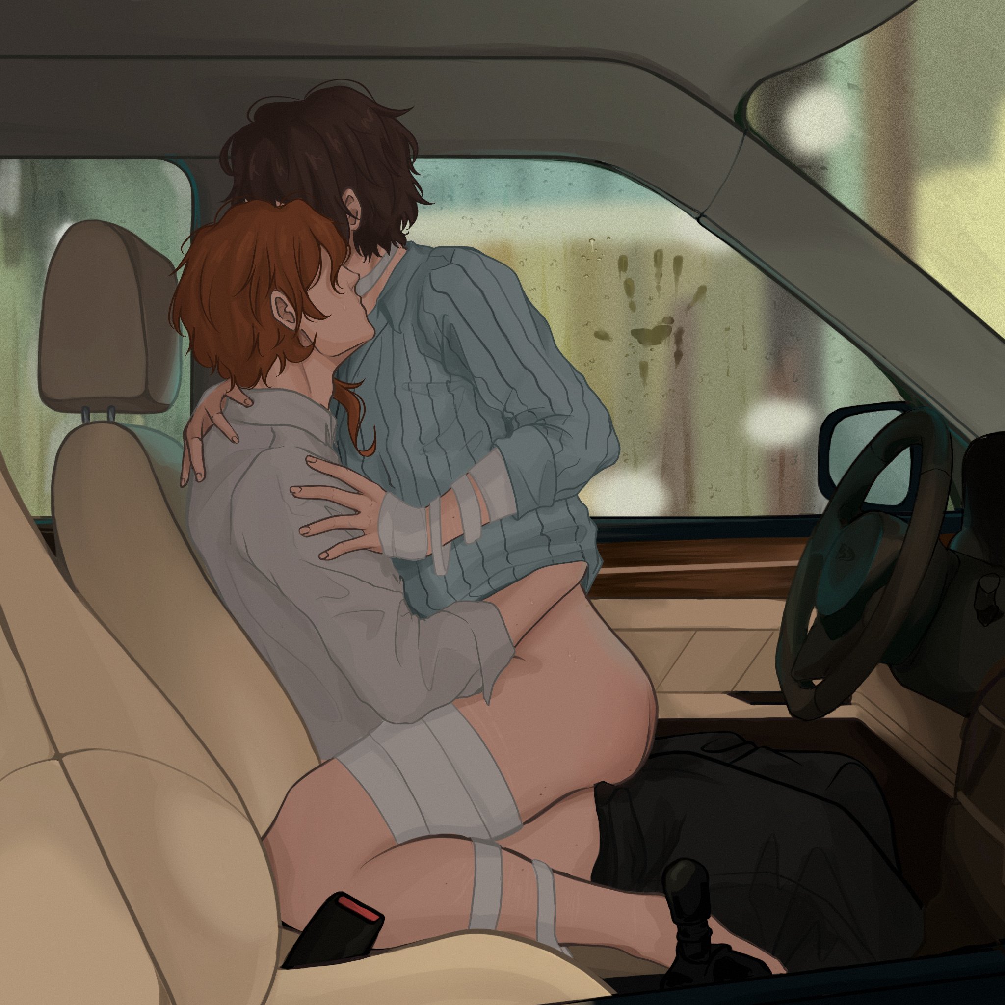 2boys, 2male, 2males, 2men, accurate proportions, ambiguous penetration, automobile, bandage, bandaged arm, bandaged leg, bandages, brown hair, brown hair male, brunet, bungo stray dogs, bungou stray dogs, car, car interior, car seat, car sex, chuuya nakahara, condensation, couple, dazai osamu, duo, duo focus, duo male, faceless, faceless character, faceless human, faceless male, holding, holding partner, in car, long hair, long hair male, male, male focus, male on male, male only, male penetrating, male penetrating male, male/male, nakahara chuuya, on lap, osamu dazai, pale, pale body, pale skin, pale-skin, pants, pants down, penis, realistic proportions, red hair, red hair male, redhead, redhead hair, redhead male, riding, riding cock, riding penis, seatbelt, sex, short hair, short hair male, sitting, sitting on lap, sitting on penis, sitting on person, steering wheel, vehicle, vehicle interior, vehicle sex, vehicles