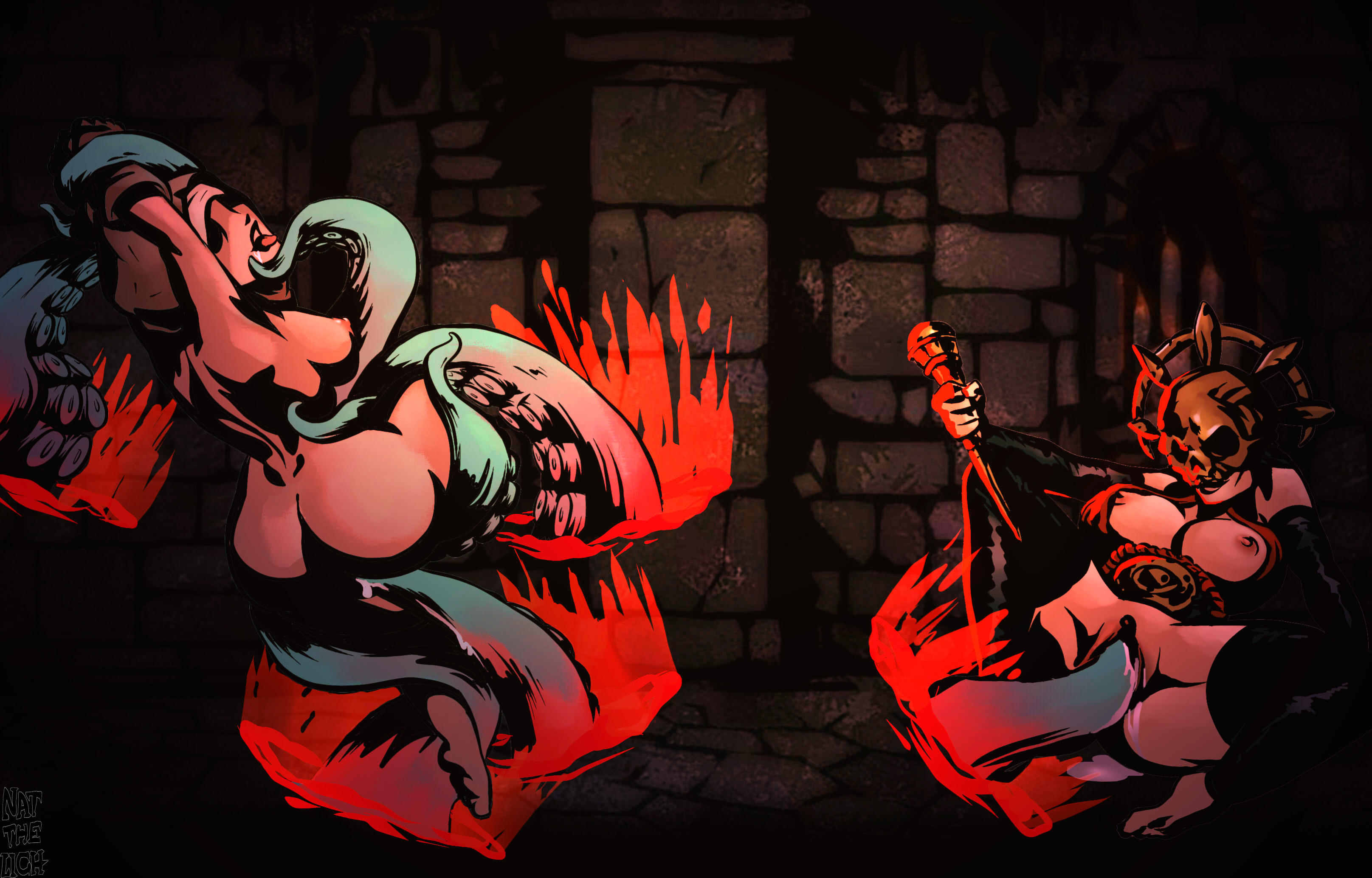 2017, 2girls, ahegao, ahegao face, ascended witch, ass, big ass, big breasts, breasts, cultist, cultist acolyte, cum, cum in pussy, cum inside, darkest dungeon, eldritch, eldritch horror, female, female only, femsub, gothic artstyle, hi-res, large insertion, monster, natthelich, nun, nun outfit, octopus tentacle, pussy, restrained, restrained arms, restrained by tentacles, skull helmet, source request, tentacle, tentacle sex, thick thighs, thighhighs, thighs, vestal (darkest dungeon)