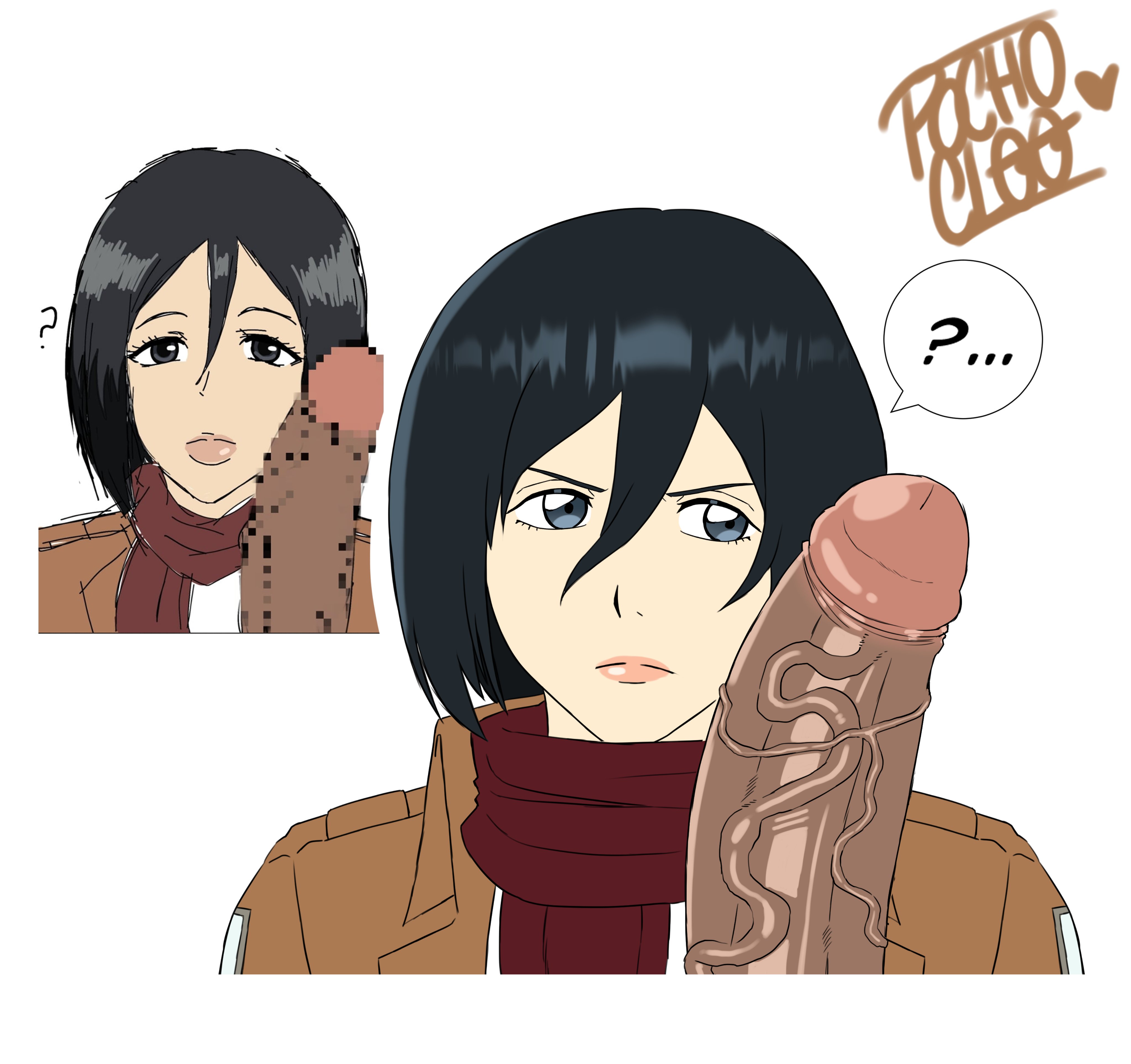 ?, ..., 1boy, 1girl, 1girl1boy, 1girls, asian female, attack on titan, b, black eyes, black eyes female, black hair, black hair female, blank eyes, blank stare, close-up, closed mouth, clothed, clothed female, clothed female nude male, confused, dark eyes, dark penis, dark skin, dark-skinned male, dark-skinned top, female, interracial, large penis, light-skinned bottom, light-skinned female, lips, lipstick, male, male/female, mikasa ackerman, momiji (artist), no reaction, partial male, penis, penis against cheek, penis against face, plump lips, pochoclogigi, red scarf, scarf, shingeki no kyojin, short hair, simple background, straight, unseen male face, white background