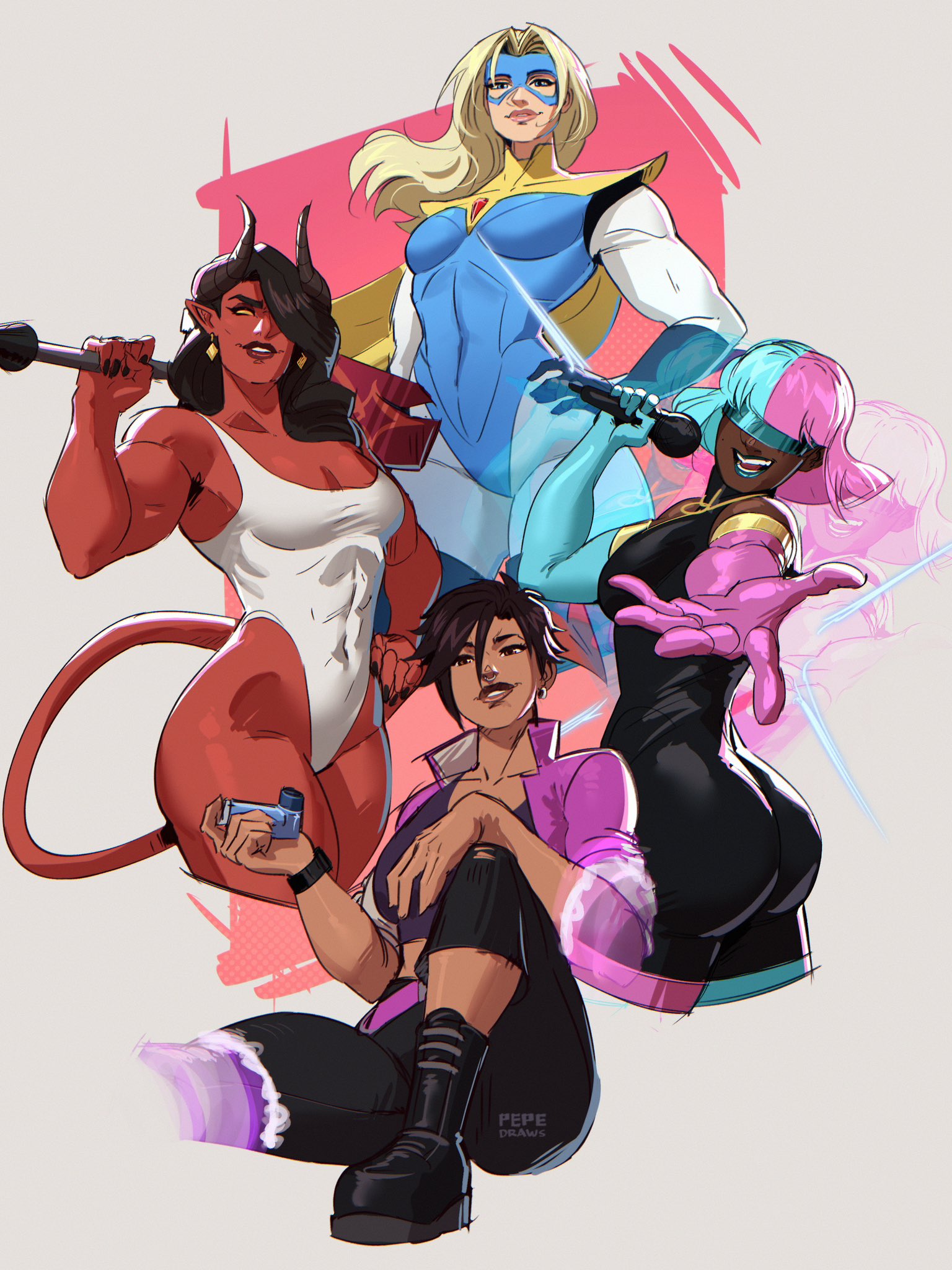 4girls, big ass, big breasts, big thighs, blonde blazer, breasts, brown body, brown skin, brown-skinned female, curvaceous, curvy, curvy figure, dark skin, dark-skinned female, demon, demon girl, demoness, digital media (artwork), dispatch (game), female, half demon, half-demon, hips, hourglass figure, huge ass, huge breasts, huge thighs, invisigal, large ass, large breasts, large thighs, legs, light skin, light-skinned female, malevola gibb, mature, mature female, multiple females, multiple girls, pepedraws, prism, red body, red skin, red-skinned female, slim waist, straight, take your pick, tan body, tan skin, tan-skinned female, thick, thick hips, thick legs, thick thighs, thighs, tinted eyewear, tomboy, visor, voluptuous, waist, wide hips, wide thighs
