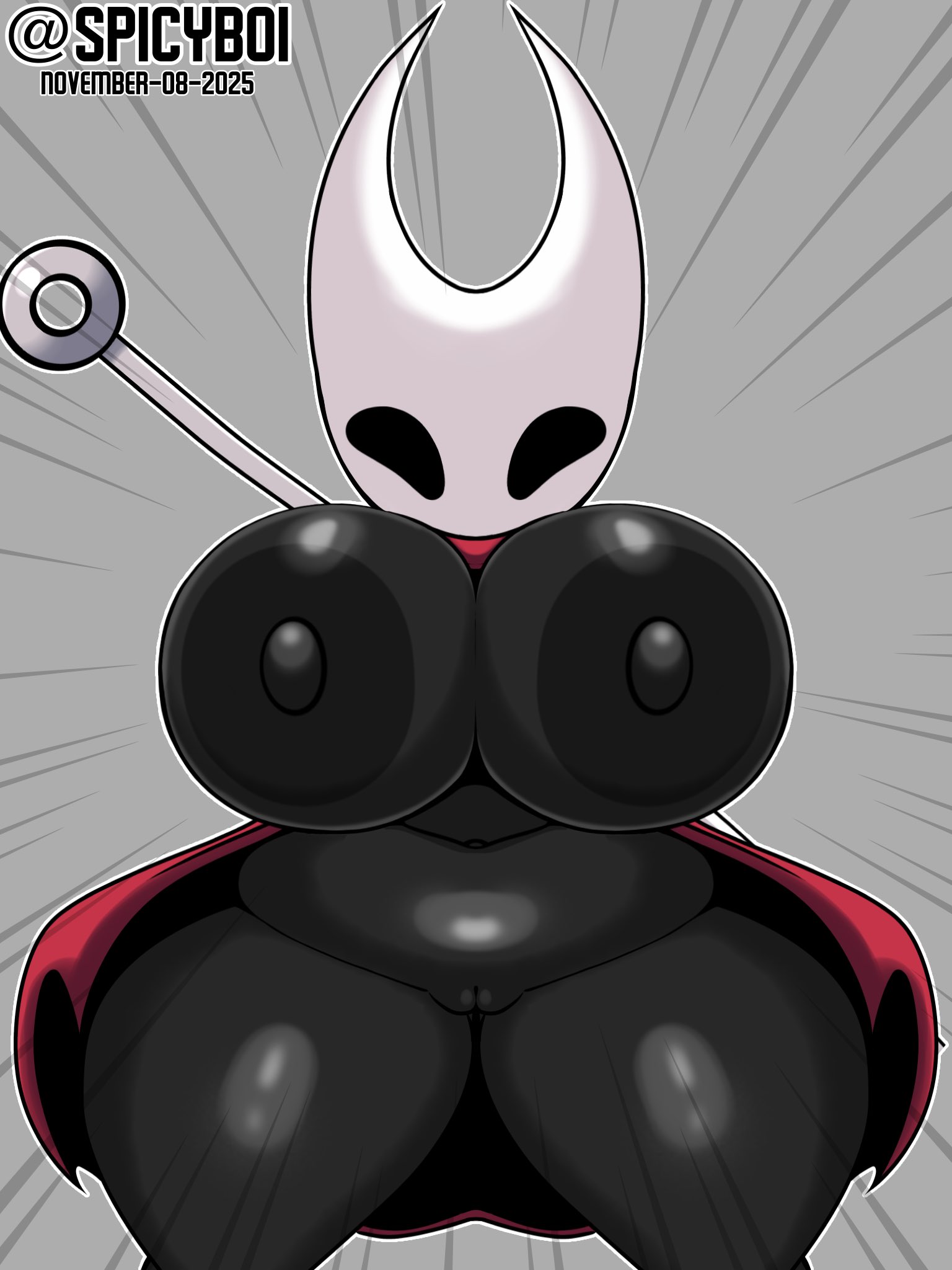 1girls, 2d, 2d (artwork), 2d artwork, anthro, areola, areolae, arthropod, artist name, artist website, big areola, black skin, breasts, cape, cape only, chubby, cloak, cloak only, dated, female, female only, functionally nude, hollow knight, hollow knight (franchise), hollow knight: silksong, hornet (hollow knight), huge breasts, insects, looking at viewer, mostly nude, needle, nipples, no bra, no panties, pussy, red cape, shiny skin, shortstack, silksong, simple background, spicyboi, sword, team cherry, thick thighs, thighs, tits, twitter username, voluptuous, weapon, wide hips