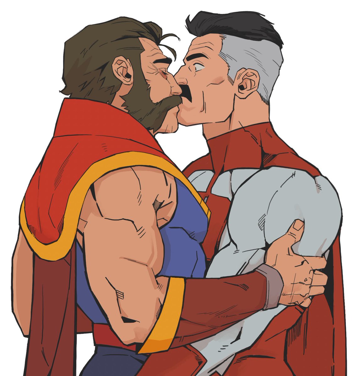bara, beard, bonjourdraws, closed eyes, crossover, daddy, dilf, dispatch (game), gay, invincible, invincible (tv series), kissing, makeout, male, male only, moustache, muscular, muscular male, nolan grayson, omni-man, phenomaman, superhero