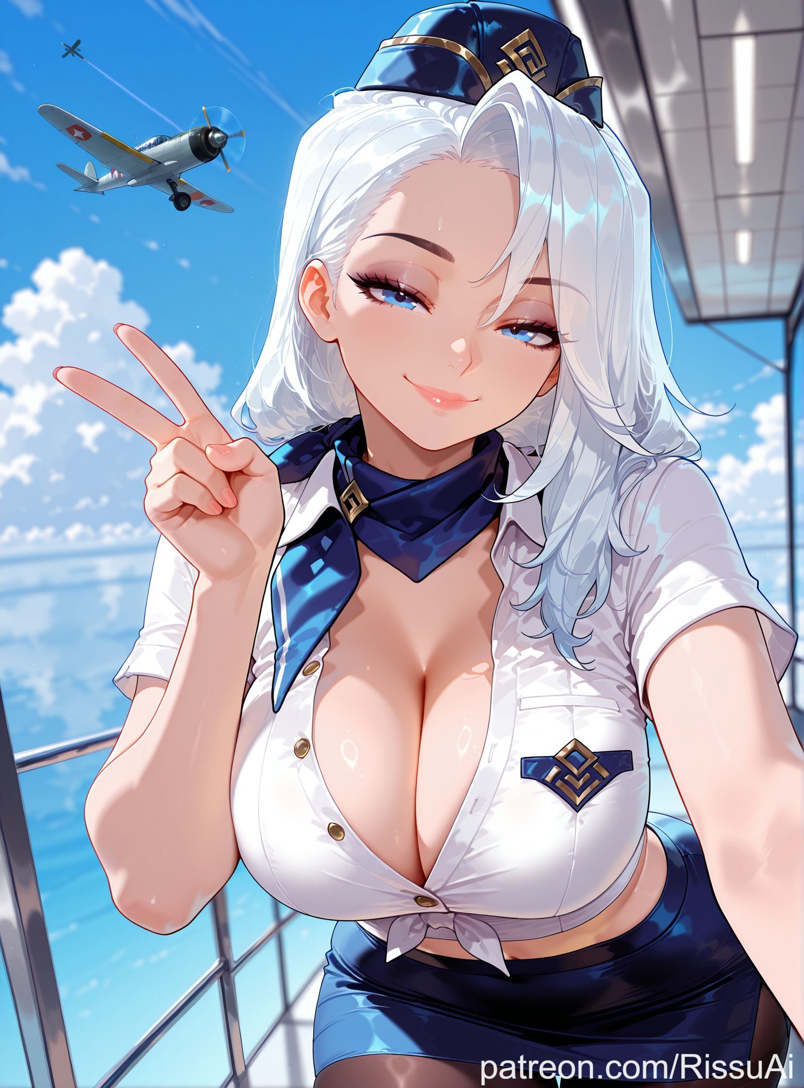1girls, ai generated, ashe (league of legends), big ass, big breasts, blue eyes, blue hair, blurry background, breasts, curvy, cute, cute face, female, female only, flight attendant, flight attendant uniform, large ass, league of legends, looking at viewer, makeup, peace sign, plane, riot games, rissuai, sexy, solo, two-tone hair, voluptuous female, white hair
