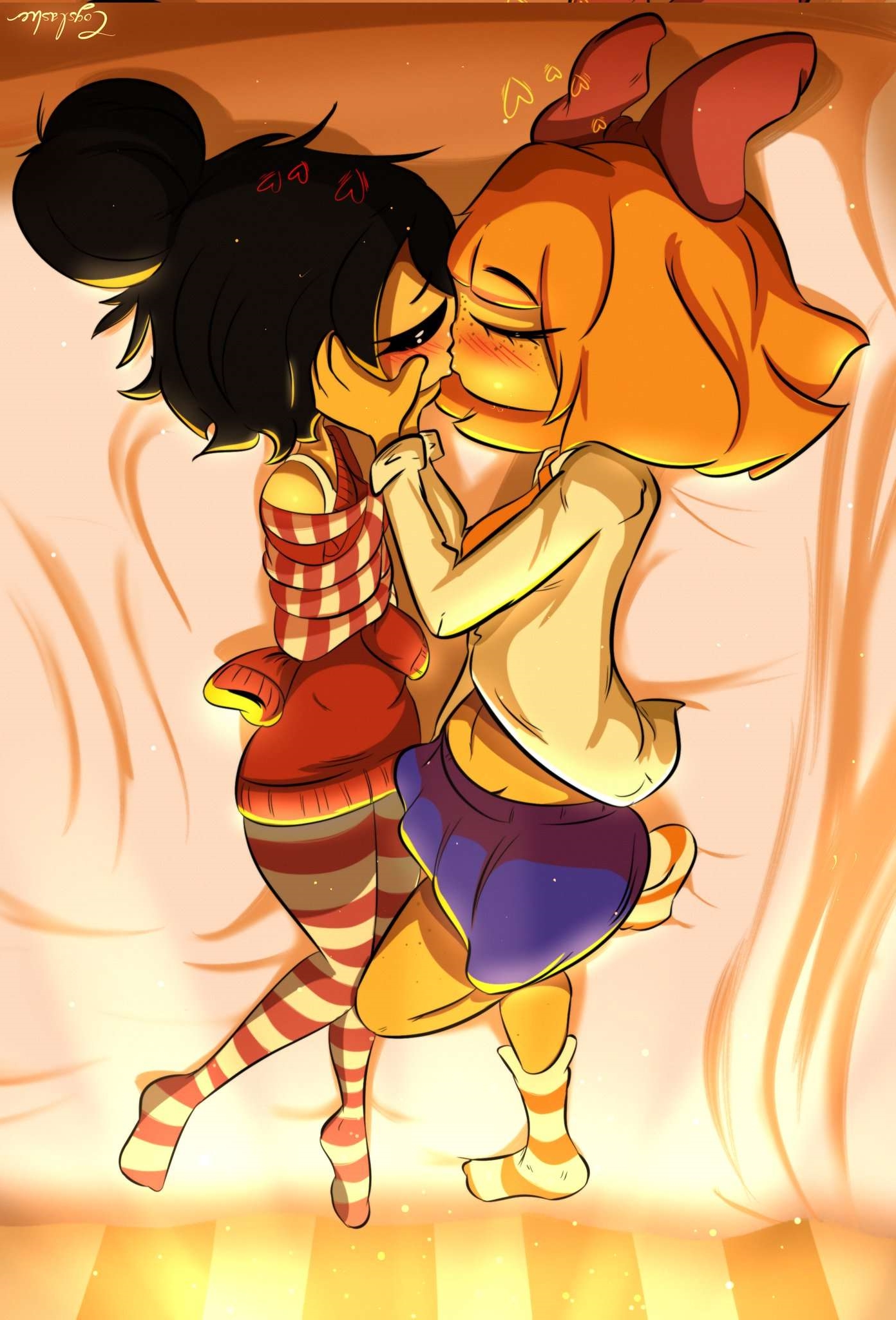2d, 2girls, artist request, bed, black hair, bob cut, closed eyes, dyed hair, eyebrows visible through hair, female, freckles on face, hair bun, heart, japanese female, kissing, lying on bed, lying on side, making out, maya schoppenboer, messy hair, mymy schoppenboer, off shoulder, ongezellig, orange hair, orange skin, restrained, southeast asian, striped legwear, sweater, tagme, taped, taped arms, yuri