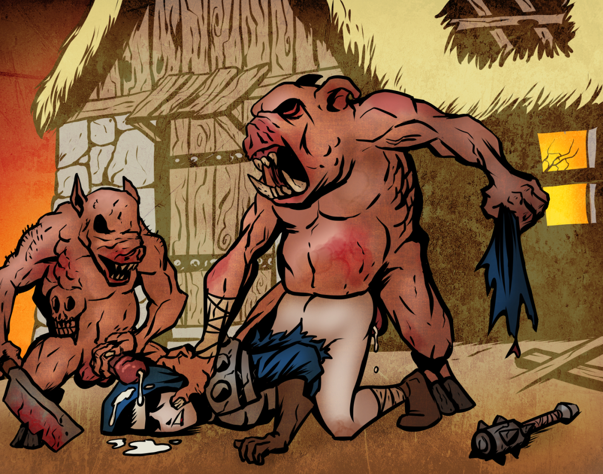 1girls, 2015, 2boys, armor, ass, big ass, bottomless, cum, cum in pussy, cum inside, cum on body, darkest dungeon, female, front view, hi res, human, hydra-bomb, interspecies, mace, male, male/female, melee weapon, monster, monster on female, nun, nun outfit, pig, pussy, rape, ripped clothing, rough sex, swine, swine wretch (darkest dungeon), vestal (darkest dungeon)