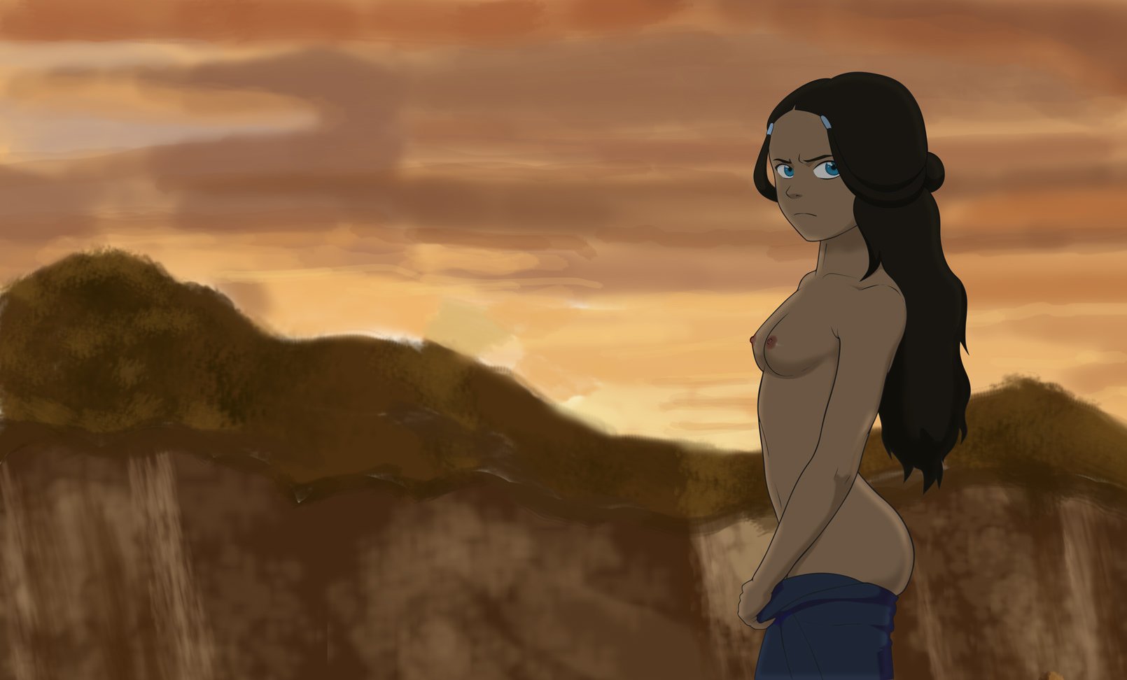 anaxus, annoyed, avatar the last airbender, blue eyes, breasts, brown hair, clothing, dark skin, dark-skinned female, female, inuit, katara, long hair, looking at viewer, mountain, naked, nipples, outdoors, pants, pants down, small breasts, solo, standing
