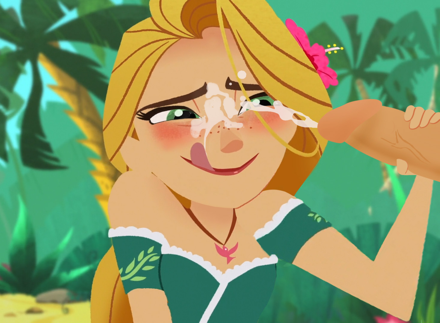 :q, 1boy, 1girls, bare shoulders, blonde hair, blush, clothing, cum, cum on face, disney, disney channel, disney princess, edit, facial, female, flower, flower in hair, freckles, green eyes, hair ornament, handjob, licking lips, male, necklace, off shoulder, outdoors, palm tree, penis, rapunzel (tangled), tangled, tangled: the series