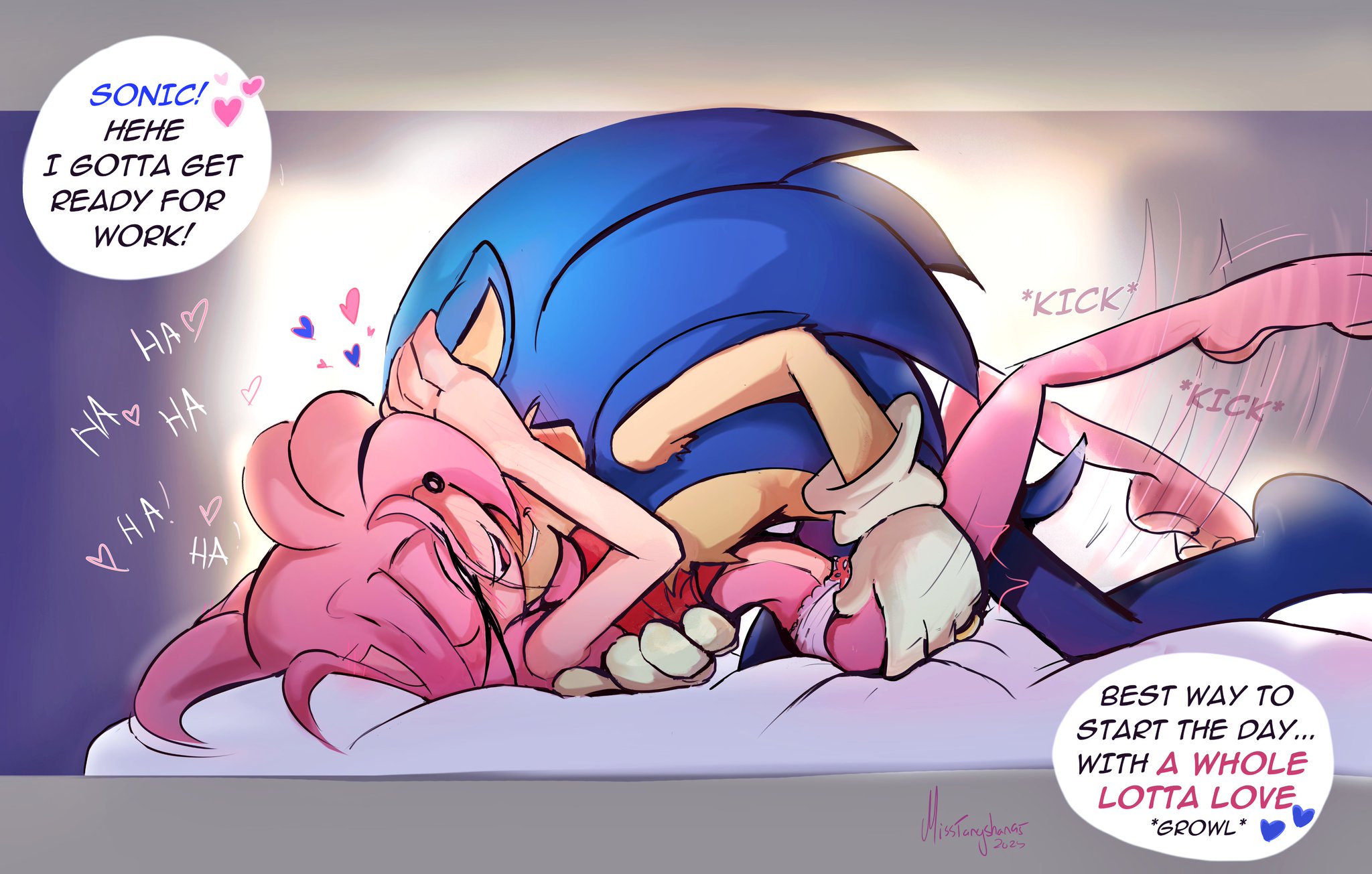 !, 1boy, 1girls, amy rose, barefoot, bed, dialogue, dialogue bubble, female, heart, heart symbol, humping, implied penetration, implied sex, kissing, laying on back, laying on bed, making out, male, misstangshan95, multiple boys, on bed, panties, playful, playful sex, sonic (series), sonic the hedgehog, sonic the hedgehog (series), wholesome