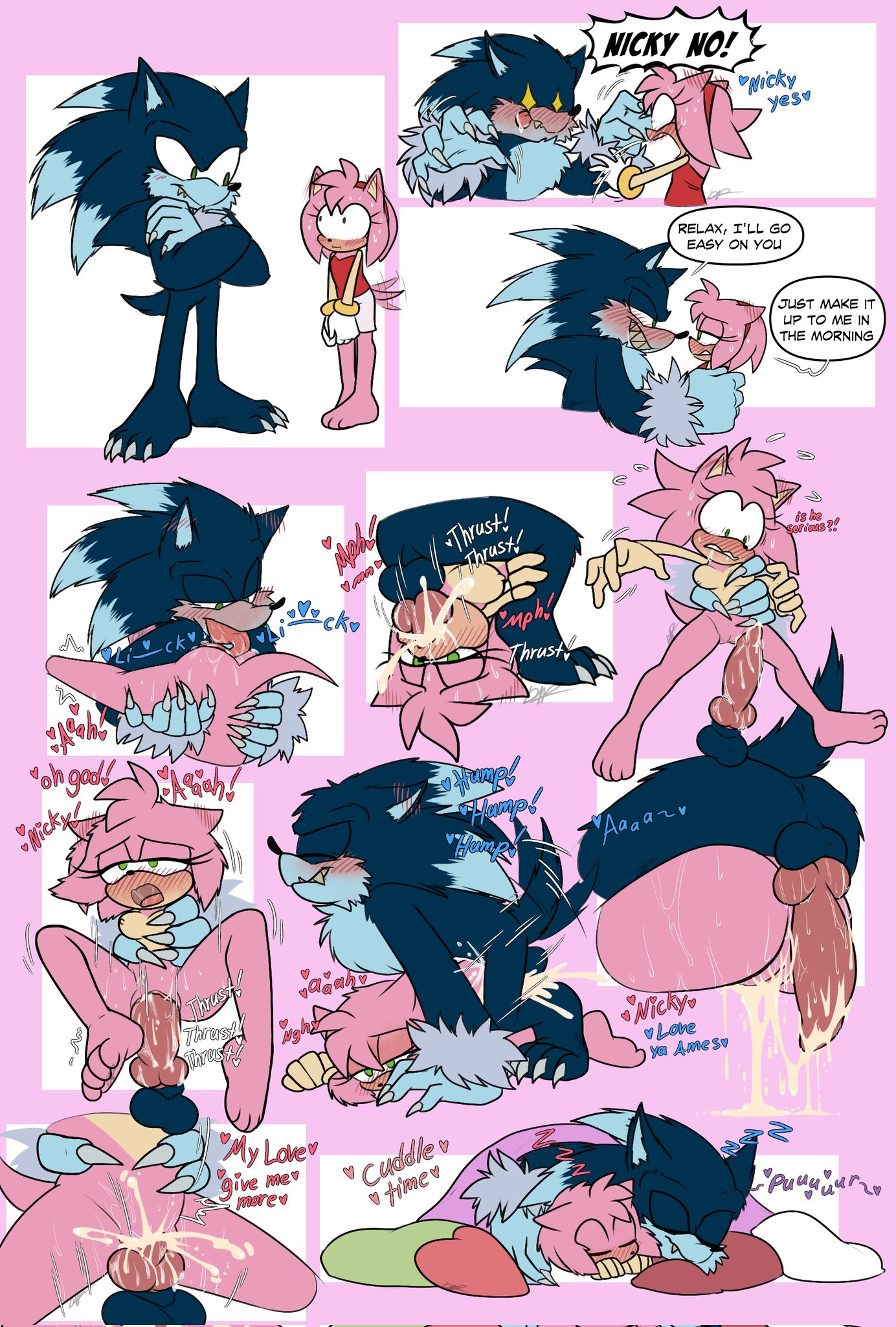 !, ?!, amarperre, amy rose, anal, anal penetration, anal sex, breasts, clothing, cuddling, cum, cumming, cumming while penetrating, cunnilingus, fucking mouth, knot, knotted penis, mouth full of cock, oral sex, purros , skirt, small breasts, sonic (series), sonic the hedgehog, sonic the hedgehog (series), sonic the werehog