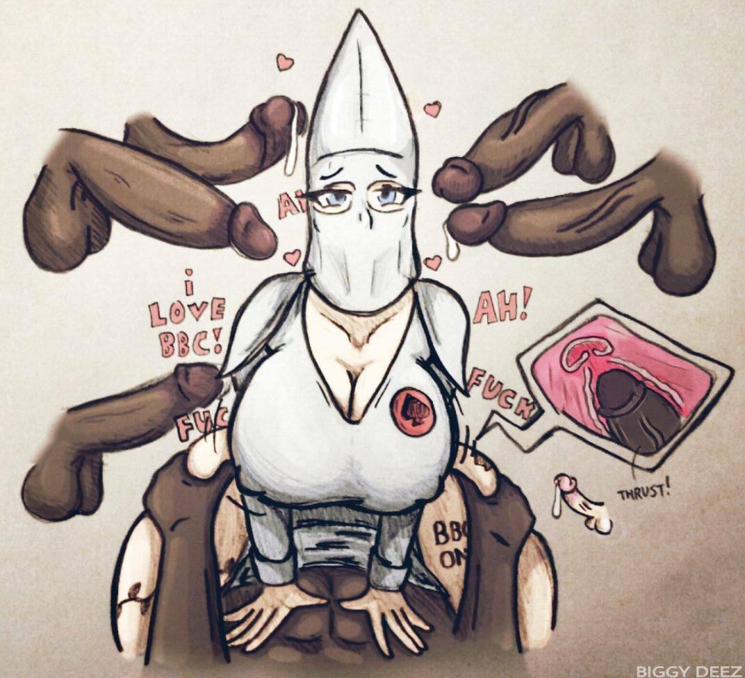 1girls, biggy deez, character request, controversial, cowgirl position, cuckold, dark-skinned male, dark-skinned top, female, getting pregnant, hetero, human, human only, interracial, ku klux klan, large breasts, light-skinned bottom, light-skinned female, male, male on female, male/female, multiple boys, multiple males, penis size difference, queen of spades, raceplay, racism, racist woman, sex, small penis, text, uncensored