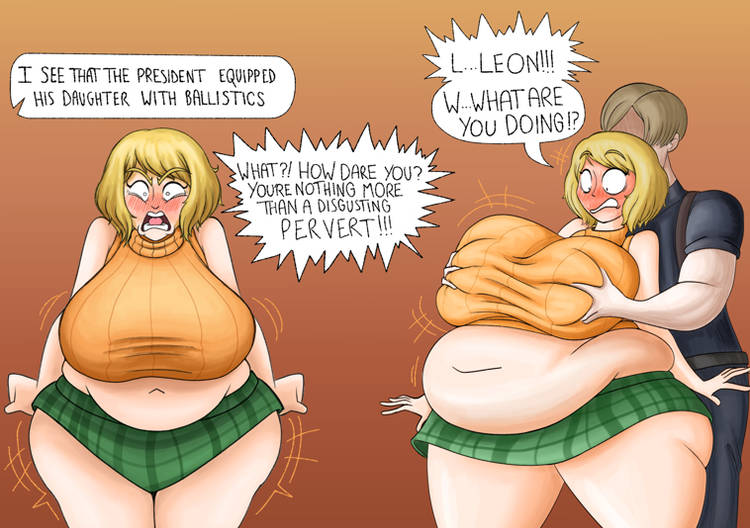 ashley graham, ass bigger than head, bbw, belly, belly expansion, bloated belly, blush, breasts, breasts bigger than head, embarrassed, fakstachoo, female, forced presentation, grabbing from behind, leon scott kennedy, not listening, obese, obese female, overweight, overweight female, resident evil, resident evil 4, stuffed belly, suprised, thick thighs, tight clothing, weight gain