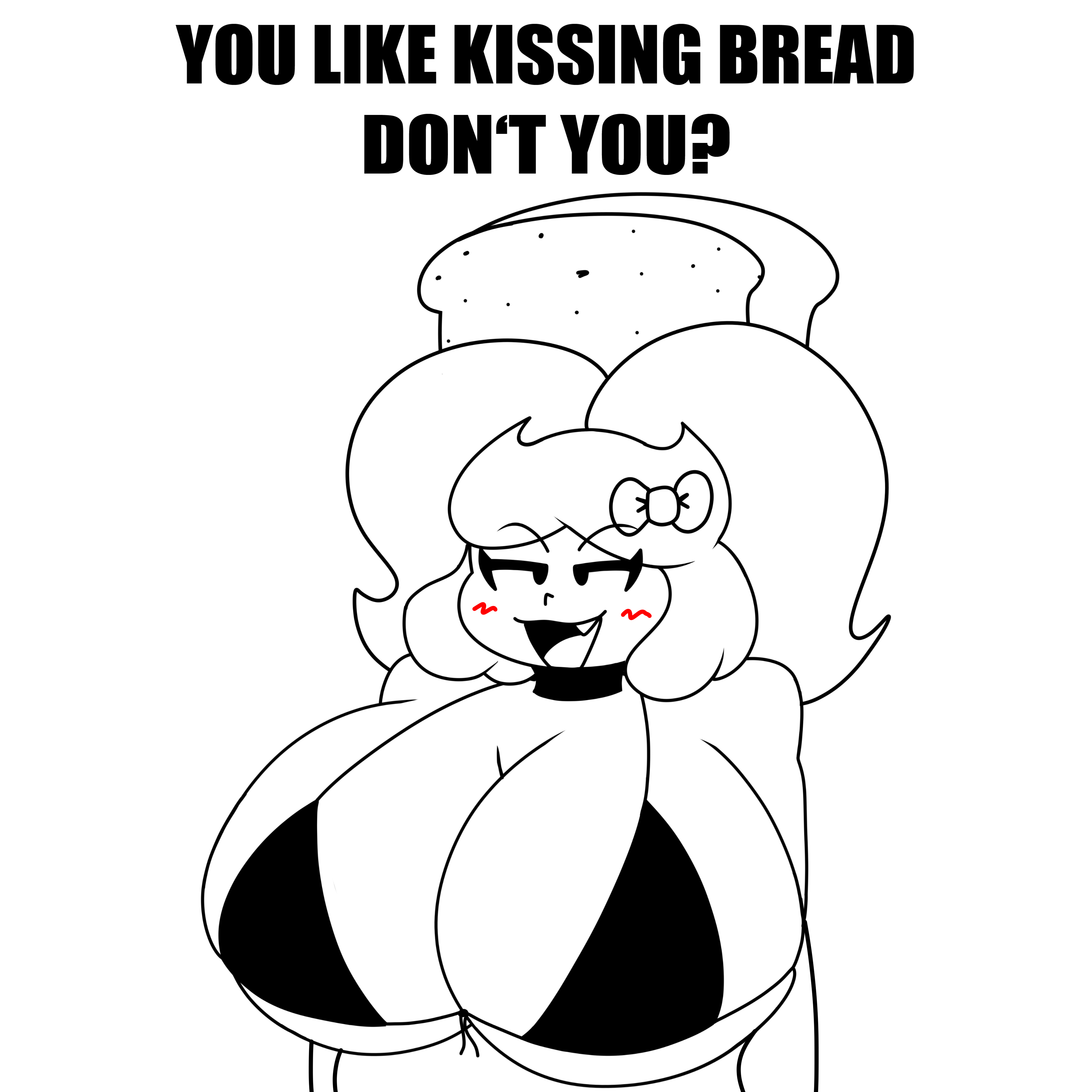 bikini, bikini top, blush, boykisser (meme), bread, breadna (tkd), meme, meme reference, monochrome, sketch, smug, smug face, text, tkd, white background