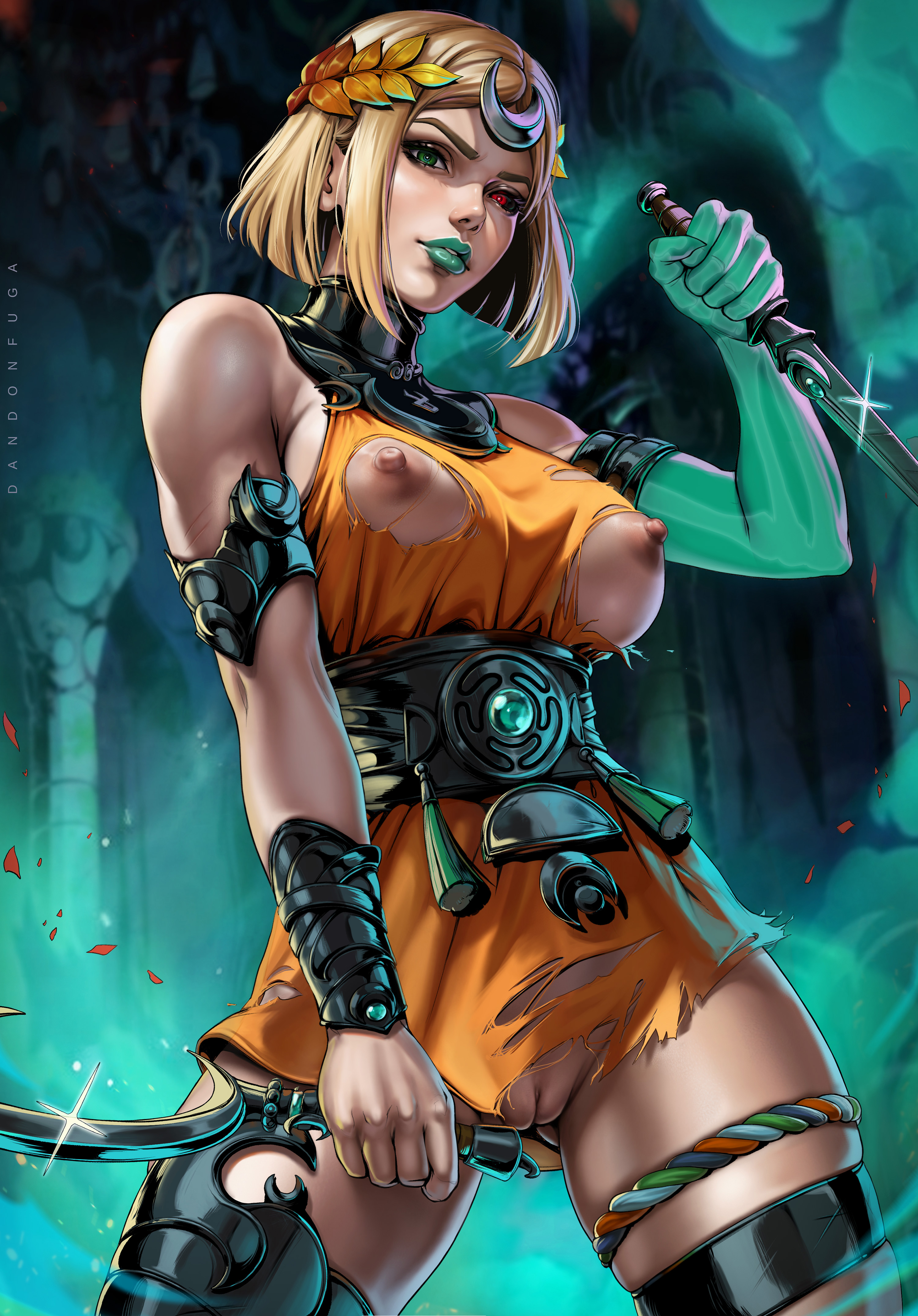 1girls, absurd res, absurdres, ancient greece, areola, areolae, asymmetrical arms, athletic, athletic female, bare breasts, bare chest, bare skin, battle damage, big breasts, black gauntlets, blonde hair, blue eyes, bone, breasts, casual, child bearing hips, clothing, colored sclera, confident, crown, curvaceous, curvaceous body, curvaceous female, curvaceous figure, curvy, curvy body, curvy female, curvy figure, cute face, dagger, damaged clothes, damaged clothing, dandon fuga, dress, female, fingernails, fit, fit female, gauntlets, genitals, glistening, glistening body, glistening breasts, glistening skin, glistening thighs, glowing arm, greek mythology, green eyes, green lips, green lipstick, hades (game), hades 2, hairless pussy, heterochromia, high resolution, highres, hips, holding dagger, holding weapon, human, large breasts, laurel crown, light skin, light-skinned female, lips, lipstick, looking at viewer, mature, mature female, mature woman, melinoe (hades), mismatched sclera, muscular, muscular female, nail polish, nipples, nonsexual, nonsexual nudity, nymph, orange clothes, orange clothing, orange dress, pale skin, pussy, red eyes, ripped clothing, ripped dress, see-through, see-through body, shameless, shaved pussy, shiny, shiny abs, shiny body, shiny breasts, shiny skin, shiny thighs, skeletal arm, skeletal hand, slim female, slim waist, solo, solo female, solo focus, standing, thick, thick female, thick thighs, thigh band, thighs, toned, toned arms, toned body, toned female, torn clothes, torn clothing, torn dress, two tone hair, vagina, very high resolution, voluptuous, voluptuous body, voluptuous female, voluptuous figure, weapon