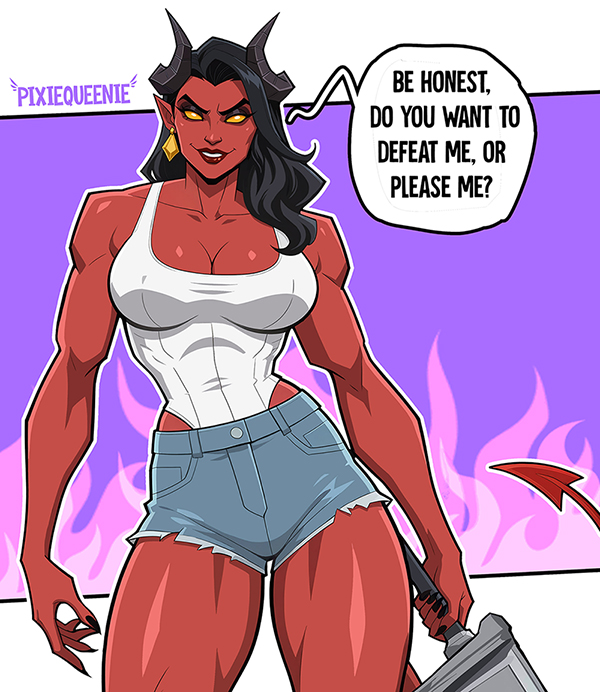 1girls, big ass, big breasts, big thighs, breasts, curvaceous, curvy, curvy figure, demon, demon girl, demoness, digital media (artwork), dispatch (game), english text, female, half demon, half-demon, hips, hourglass figure, legs, malevola gibb, mature, mature female, pixiqueenie, red body, red skin, red-skinned female, slim waist, speech bubble, straight, sword, text, thick, thick hips, thick legs, thick thighs, thighs, voluptuous, waist, wide hips
