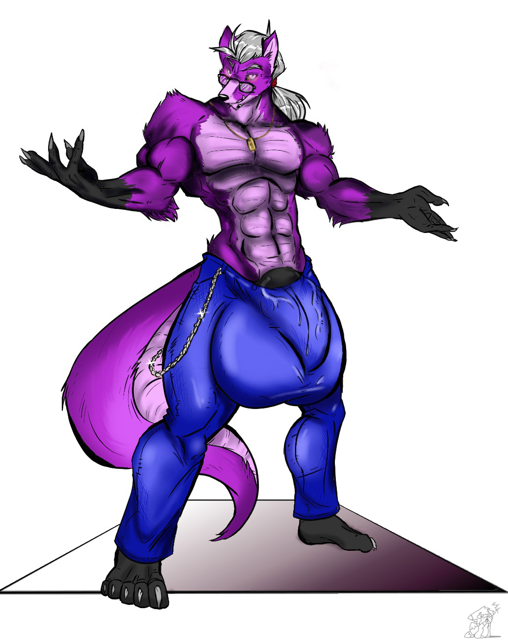 balls big_balls big_penis bulge canine chains clothed clothing cocky drake_(disambiguation) eyewear fox fur glasses glossy_hair glowing glowing_eyes grin hi_res huge_balls huge_cock hybrid hyper_bulge koddok line_art male male_only mammal muscular penis ponytail pose purple_fur shaded shrug smile solo tengoku topless vein veiny_penis wallet_chain