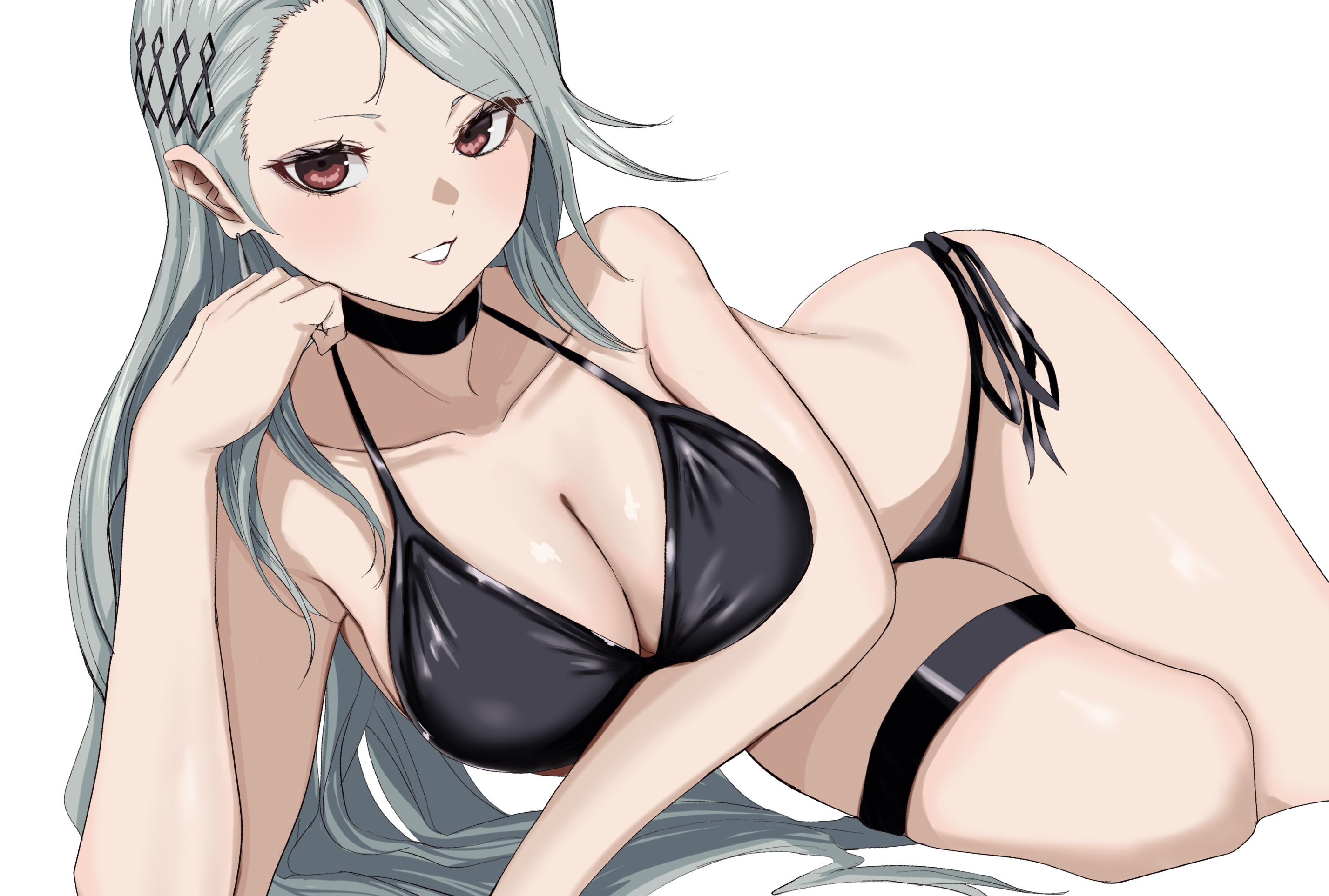1girls, big ass, big breasts, bra, breasts, brown eyes, female, gray hair, hourglass figure, huge breasts, lingerie, lingerie only, looking at viewer, lying, lying on side, mobchara11, panties, persona, persona 5, persona 5 royal, sae niijima, smiling, smiling at viewer