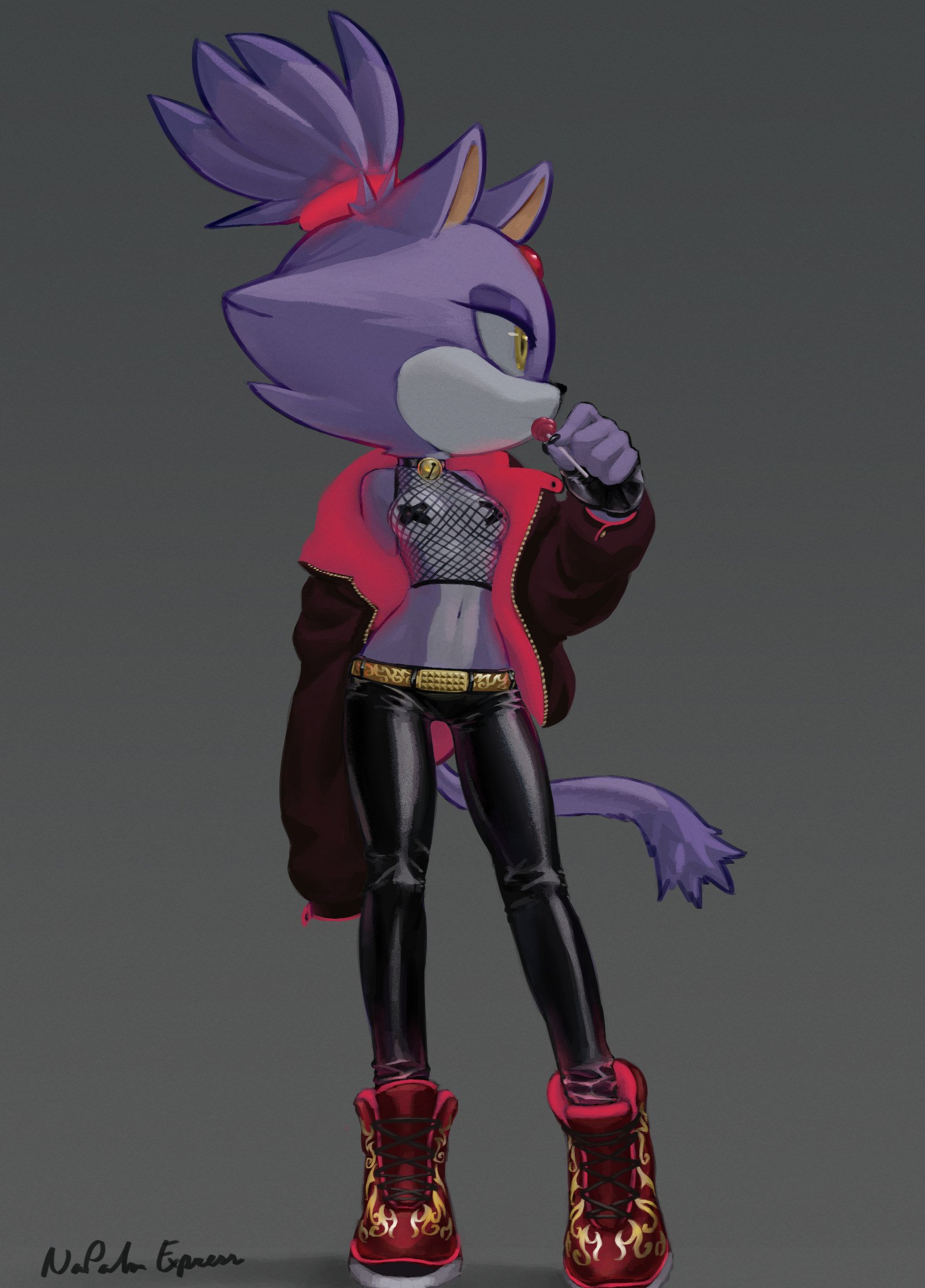 1girls, anthro, artist signature, bare shoulders, bell collar, black nails, blaze the cat, breasts, cat ears, cat tail, female, fingerless gloves, fishnet topwear, forehead jewel, furry, jacket, lollipop, multicolored fur, napalm express, navel, nipple pasties, nipple tape, oversized clothes, ponytail, purple fur, revealing clothes, scantily clad, skin tight, small breasts, solo, sonic (series), sonic the hedgehog (series), source request, tagme, tape pasties, taped nipples, white fur, x pasties