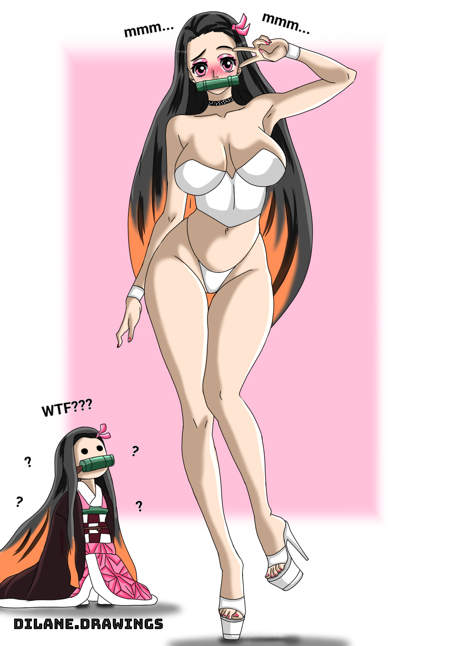 big breasts, chibi, choker, confused, confused look, corset, demon slayer, dilane93, eyeshadow, goth makeup, hair ribbon, high heels, kamado nezuko, kimetsu no yaiba, muzzle gag, nail polish, nezuko kamado, peace sign, petite, petite female, pleaser heels, smaller female, smaller human, string panties, thick, thick legs, thick thighs, thong, thong panties, wtf