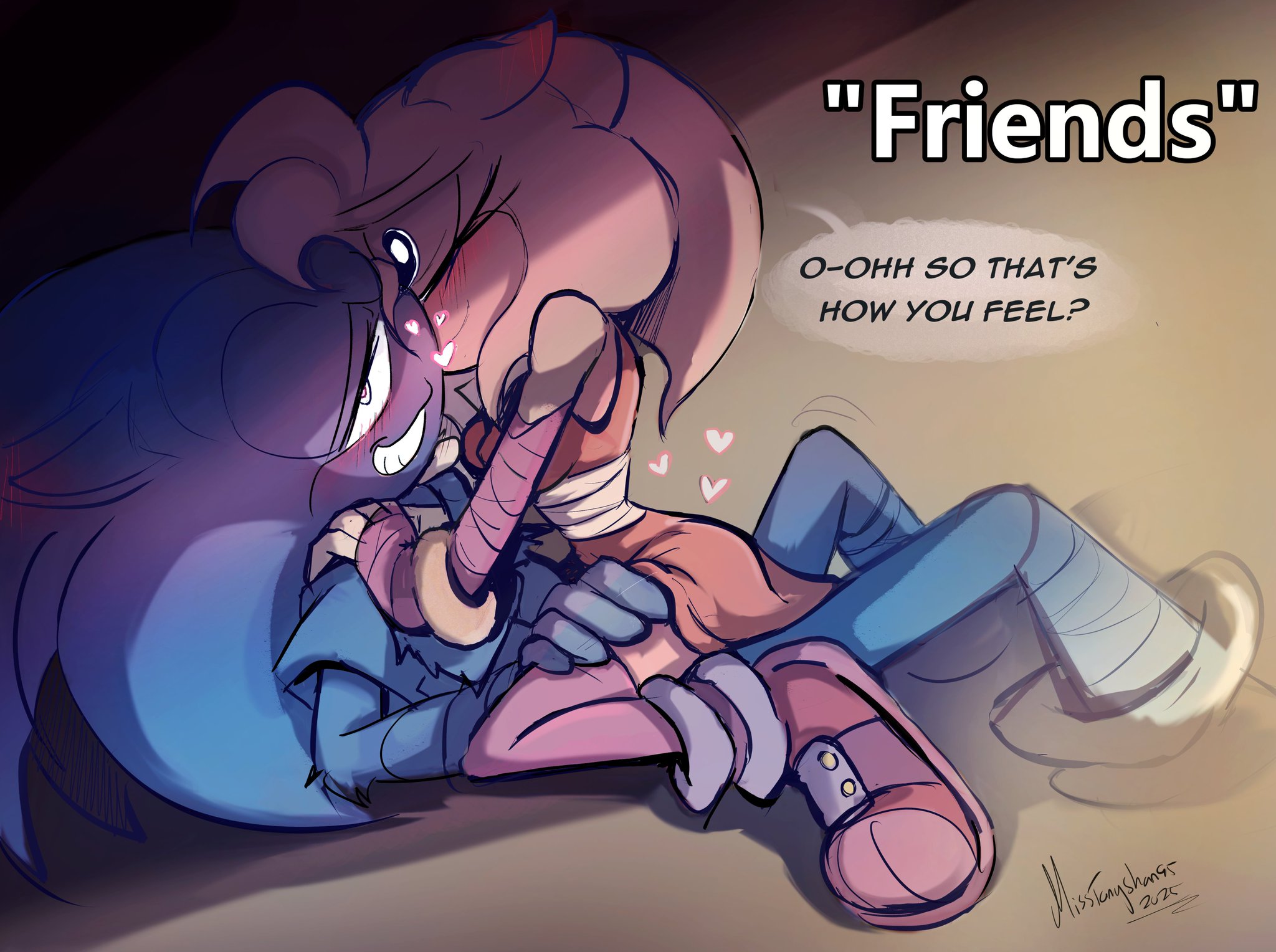 ?, "friends" meme, 1boy, 1girls, 2025, ambiguous penetration, amy rose, amy rose (boom), bandages, blue fur, blush, clothed, clothed sex, dialogue, dialogue bubble, eyes closed, eyes half closed, eyes half open, female, friends with benefits, humor, implied penetration, implied sex, male, meme, misstangshan95, passionate, pink fur, sitting on lap, sleeveless shirt, smirk, smirking, smirking at viewer, sonic (boom), sonic (series), sonic boom, sonic the hedgehog, sonic the hedgehog (series), text, text bubble, wristwear