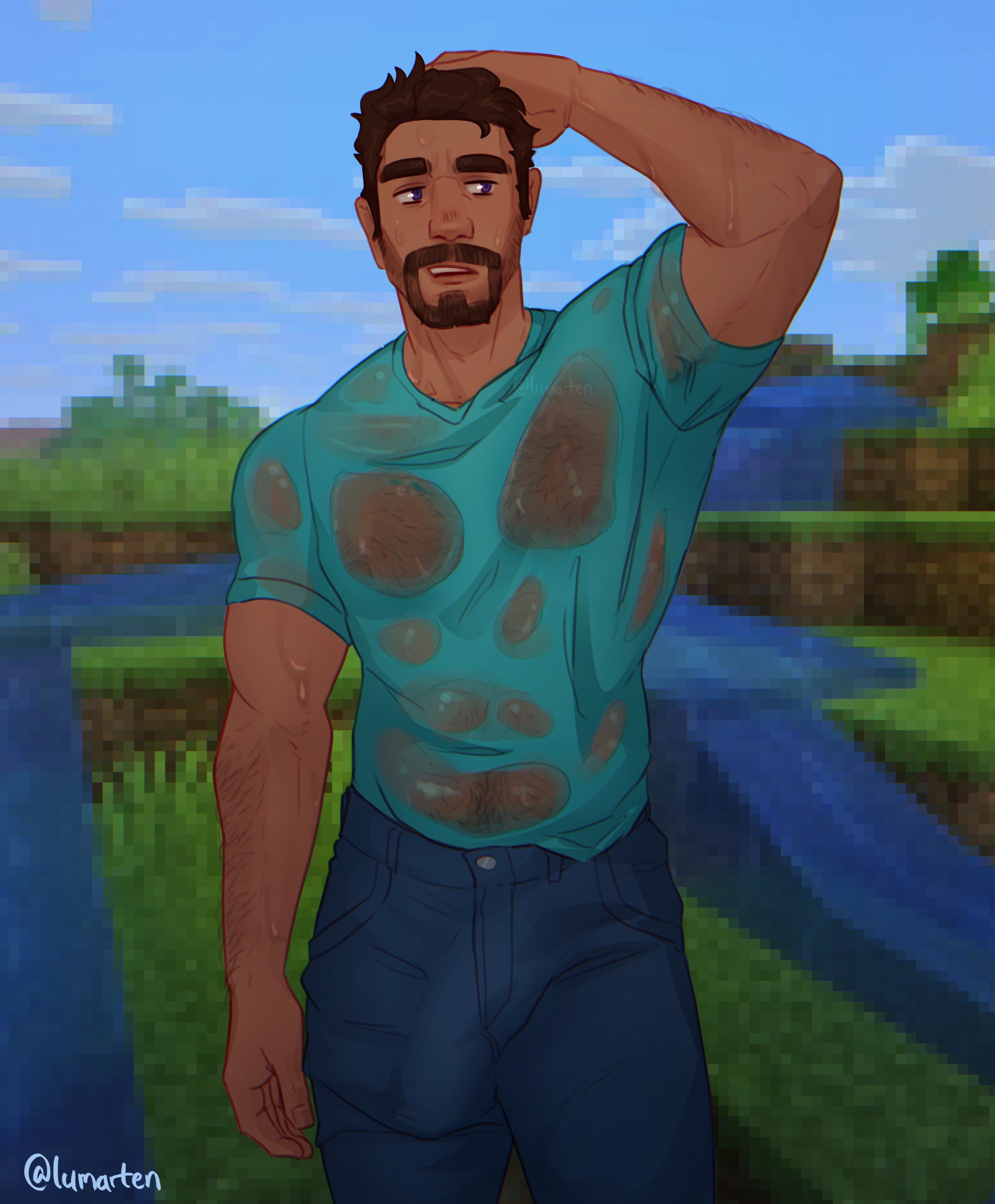 3d background, abs, bara, beard, biceps, big bulge, bulge, lumarten, male, male nipples, male only, manly, minecraft, muscular male, nipples, pecs, penis outline, steve (minecraft), wet