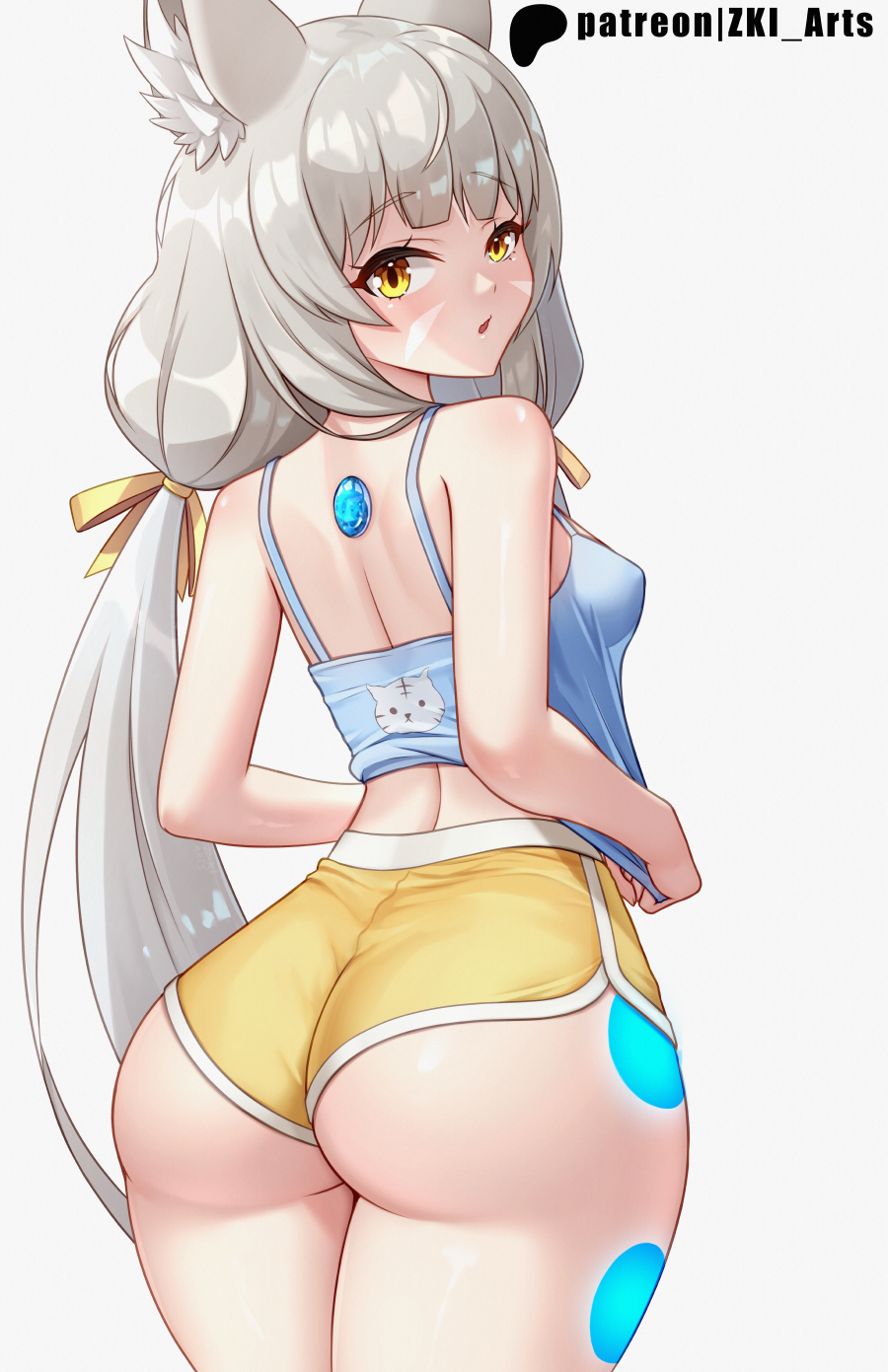 ass, booty shorts, clothed, clothing, dolphin shorts, female, gym shorts, long hair, looking at viewer, looking back, nia, nia (xenoblade), nintendo, small breasts, solo, thick ass, thick thighs, wide hipped female, wide hips, xenoblade (series), xenoblade chronicles 2, yellow eyes, z-ki