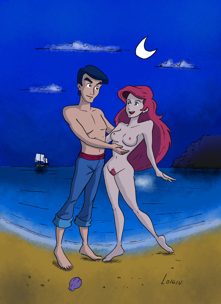 ariel beach black_hair breasts canon_couple clouds disney feet hips jeans loigiu moon navel night nipples nude ocean prince_eric pubic_hair red_hair seashell ship shirtless the_little_mermaid