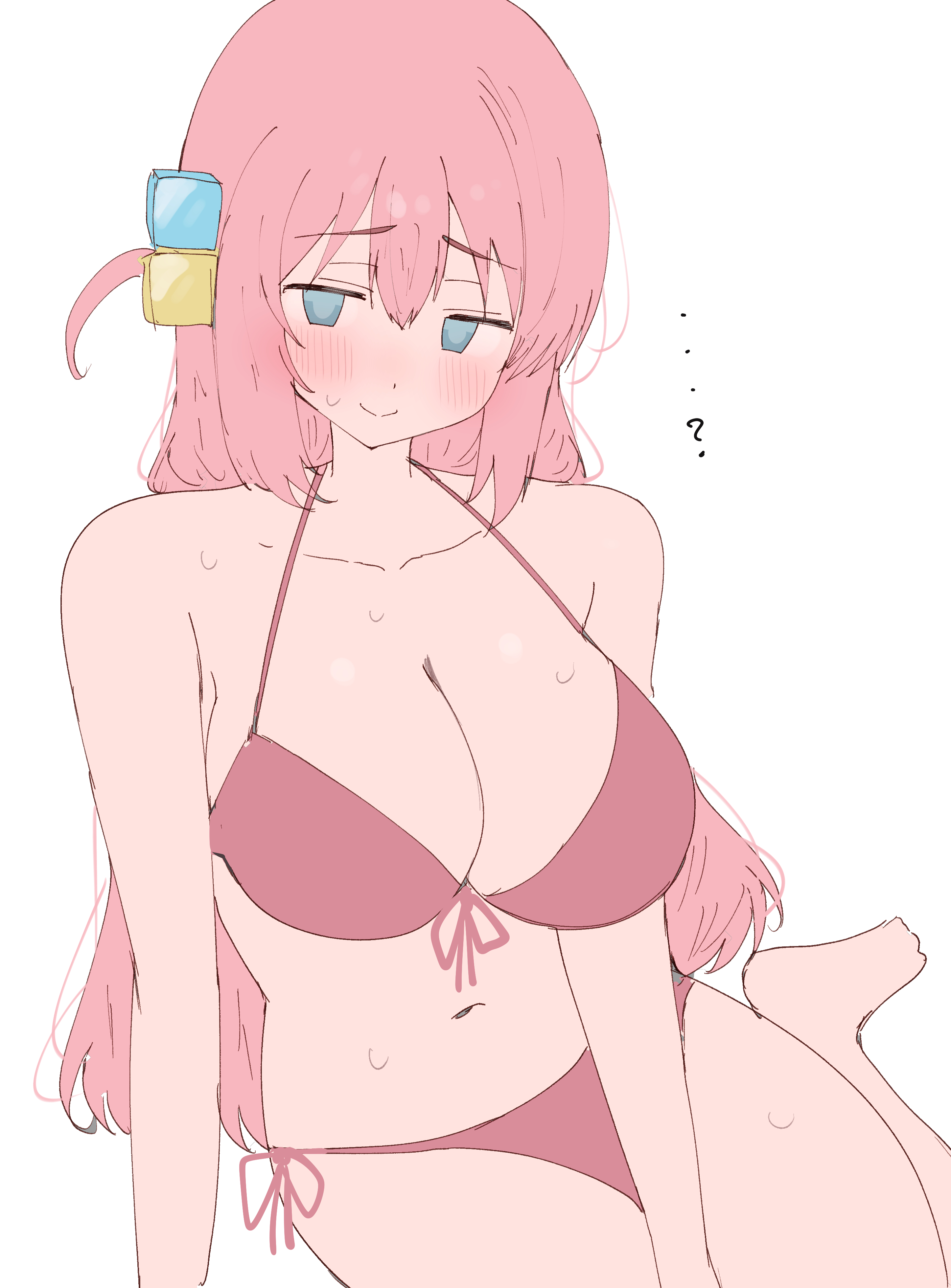 ?, ..., ...?, arm at side, blush, bocchi the rock!, breasts, closed mouth, confused, embarrassed, gotou hitori, huge breasts, shy, sweaty, thick thighs, wide hips, yokozuwari