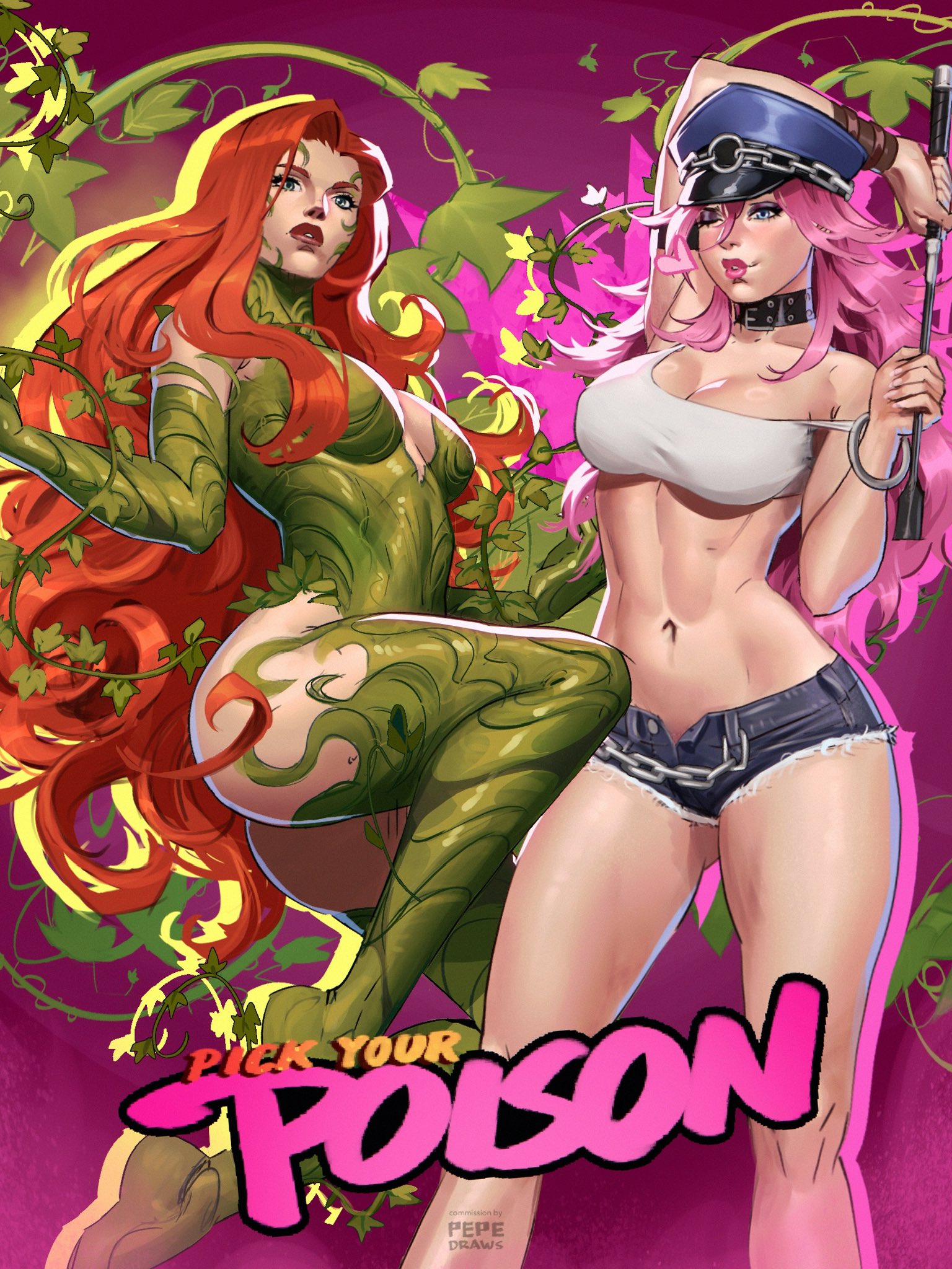 2girls, 3:4, ass, batman (series), big ass, big breasts, big thighs, breasts, capcom, crossover, curvaceous, curvy, curvy figure, dc, dc comics, digital media (artwork), eastern and western character, female, female only, final fight, green body, green skin, green-skinned female, hat, hips, hourglass figure, huge ass, huge breasts, huge thighs, large ass, large breasts, large thighs, legs, light skin, light-skinned female, long hair, mature, mature female, multiple females, multiple girls, name connection, pamela isley, pepedraws, pink hair, poison (final fight), poison ivy, red hair, slim waist, street fighter, thick, thick hips, thick legs, thick thighs, thighs, voluptuous, waist, wide hips, wide thighs