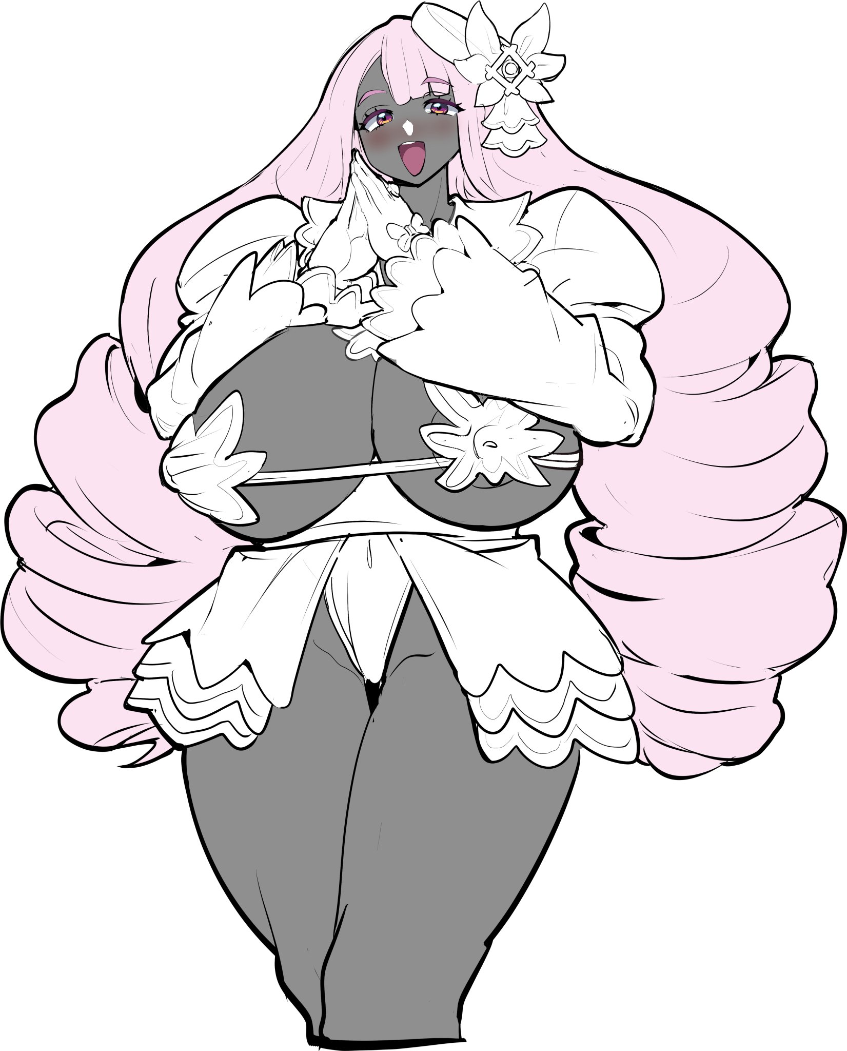 blush, breasts, enthusiastic, huge breasts, jacinthe (pokemon), julioalqae, looking at viewer, massive breasts, milkers, mommy, pokemon, pokemon legends: z-a, skimpy outfit, useless clothing, wide hips, yukari (pokemon)