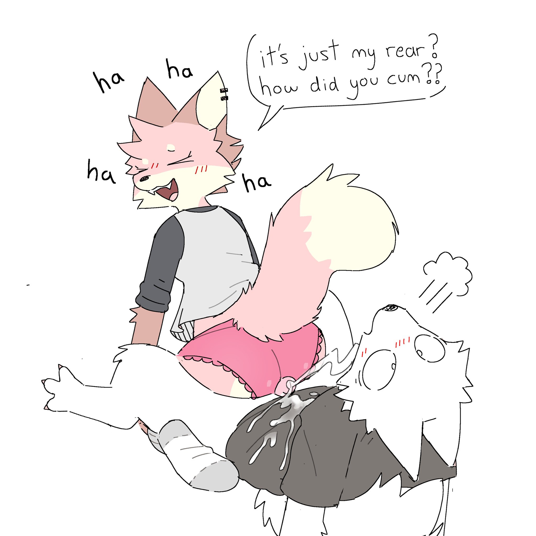 2025, anthro, assjob, butt, buttjob, canid, canine, chelsea (millislushi), clothed, clothed sex, clothing, cum, cum on clothes, cum on self, cumshot, dialogue, female, fur, furry, furry female, furry male, laugh, male, millislushi, panties, penis