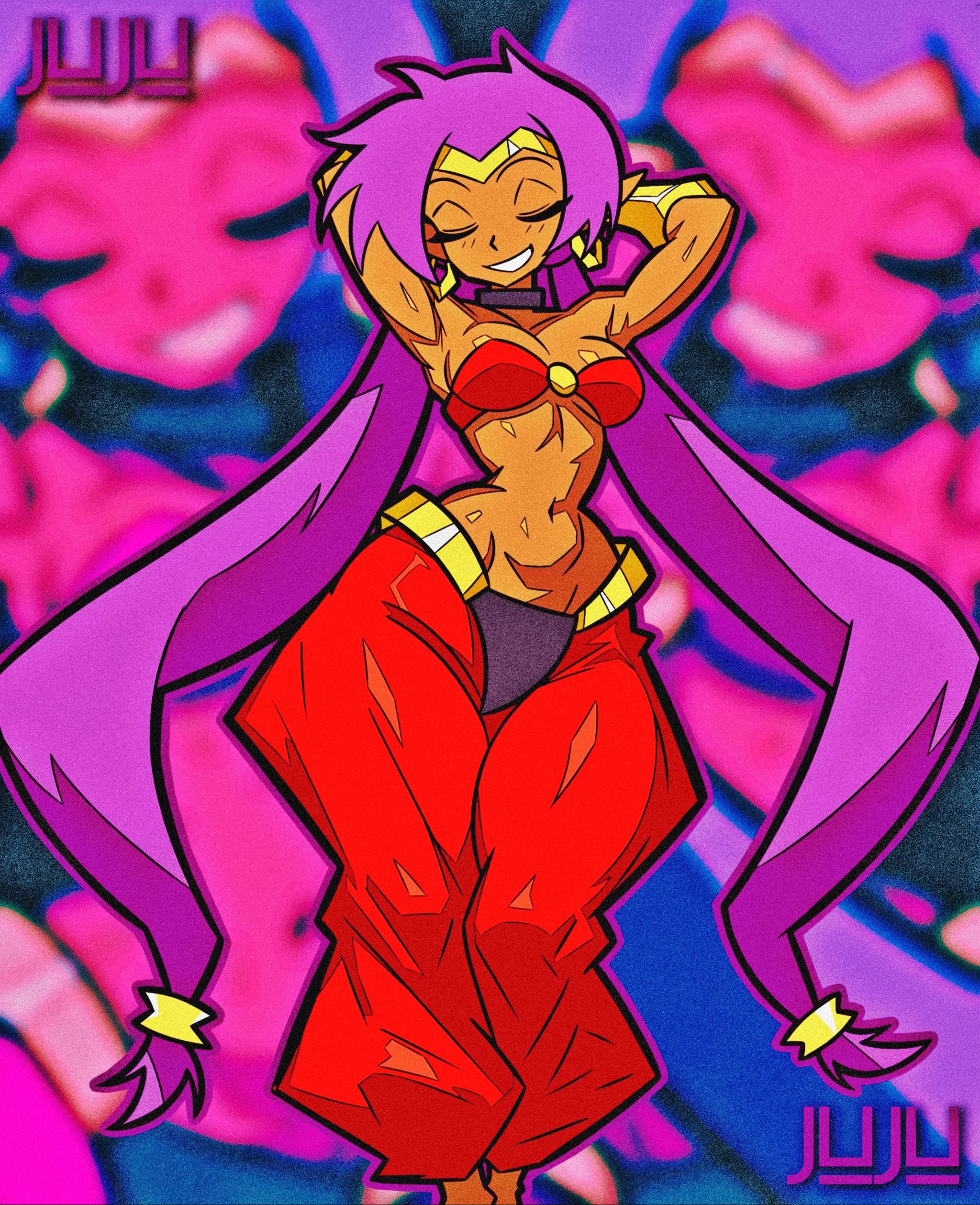 1girls, armpits, arms up, badjujuarts, bandeau, blurry, blurry background, blurry foreground, bracer, breasts, choker, closed eyes, dark skin, depth of field, earrings, female, female only, grin, harem pants, hoop earrings, jewelry, long hair, navel, pants, pointy ears, purple hair, shantae, shantae (character), smile, solo, tagme, twintails, underboob, vambraces, very long hair