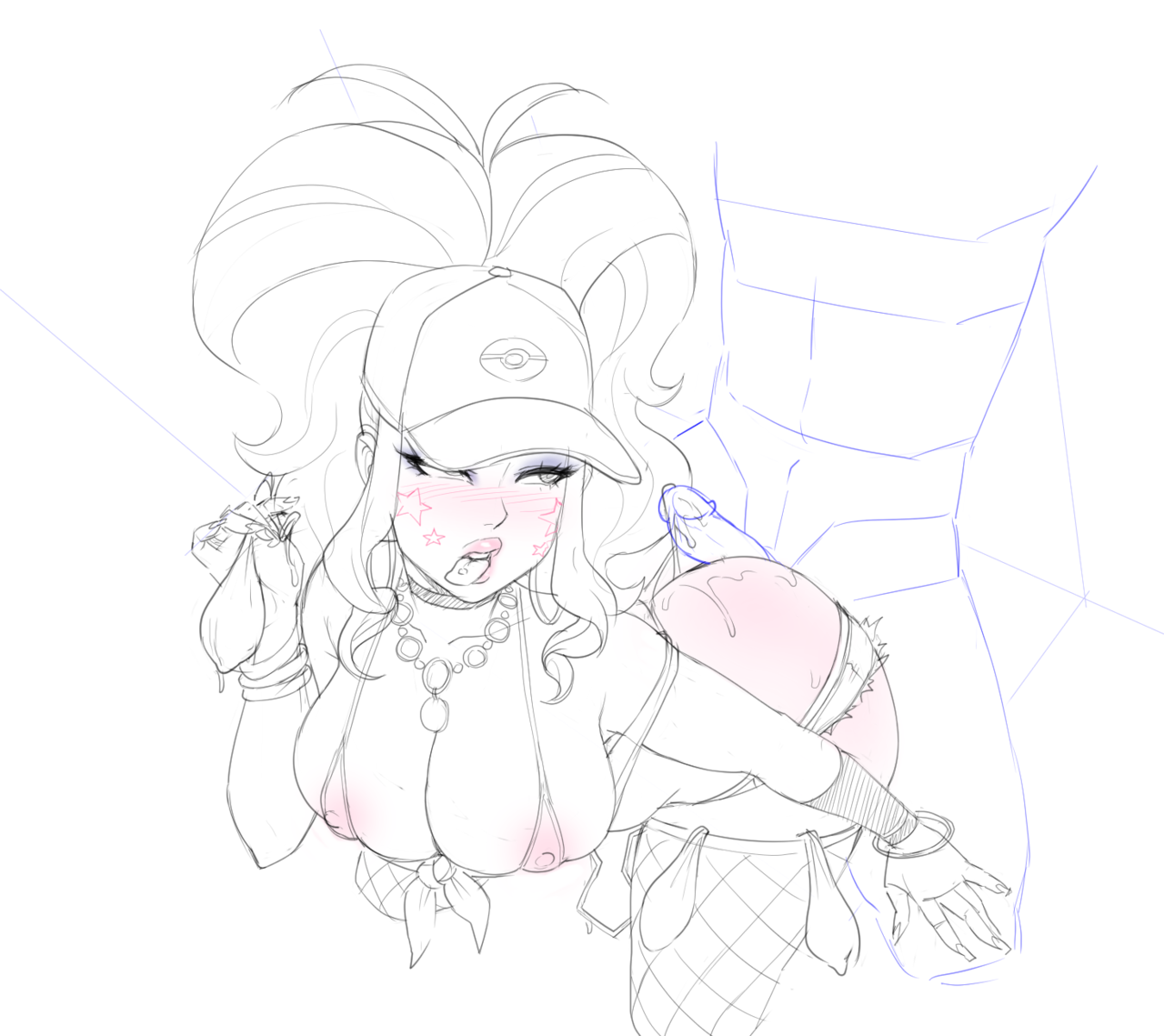 areolae, ass, assjob, big breasts, breasts, buttjob, erection, faceless male, female, hilda (pokemon), large breasts, legoman, male, monochrome, nipples, penis, pokemon, sketch, straight