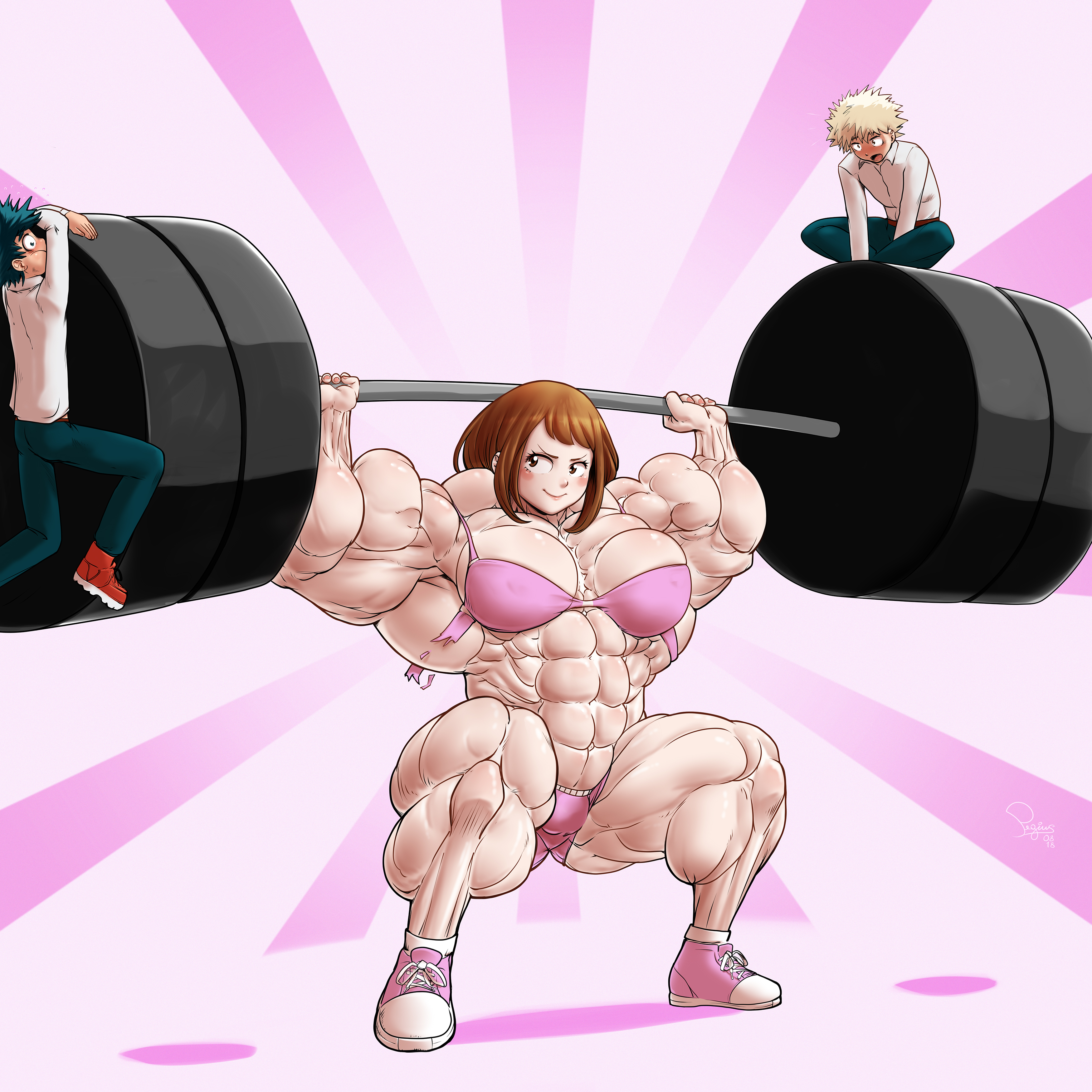 2boys, abs, biceps, big muscles, blonde hair, bra, breasts, brown eyes, brown hair, calves, extreme muscles, female, green eyes, green hair, hyper, hyper muscles, izuku midoriya, katsuki bakugou, large breasts, male, muscles, muscular, muscular female, my hero academia, navel, ochako uraraka, pegius, size difference, sneakers, torn clothes, weightlifting, weights
