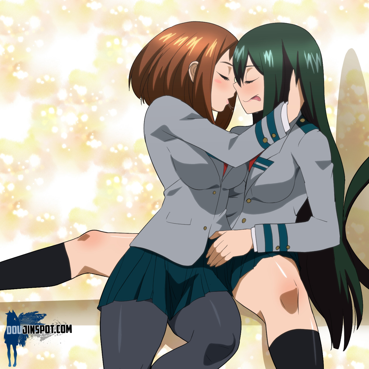 2girls, breasts, brown hair, brown-haired female, closed eyes, clothed, cyberunique, female, female only, green hair, green-haired female, hand in hair, large breasts, my hero academia, ochako uraraka, open mouth, saliva, saliva string, saliva trail, school uniform, skirt, smile, tongue, tongue out, tsuyu asui, u.a. school uniform, yuri