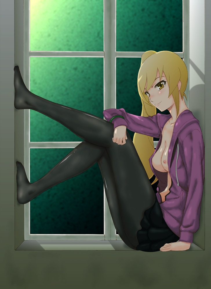 bakemonogatari black_skirt breasts breasts_out clothing female legs legwear looking_at_viewer medium_breasts monogatari_(series) nipples oshino_shinobu pantyhose ponytail purple_jacket skirt topless vampire window yellow_eyes