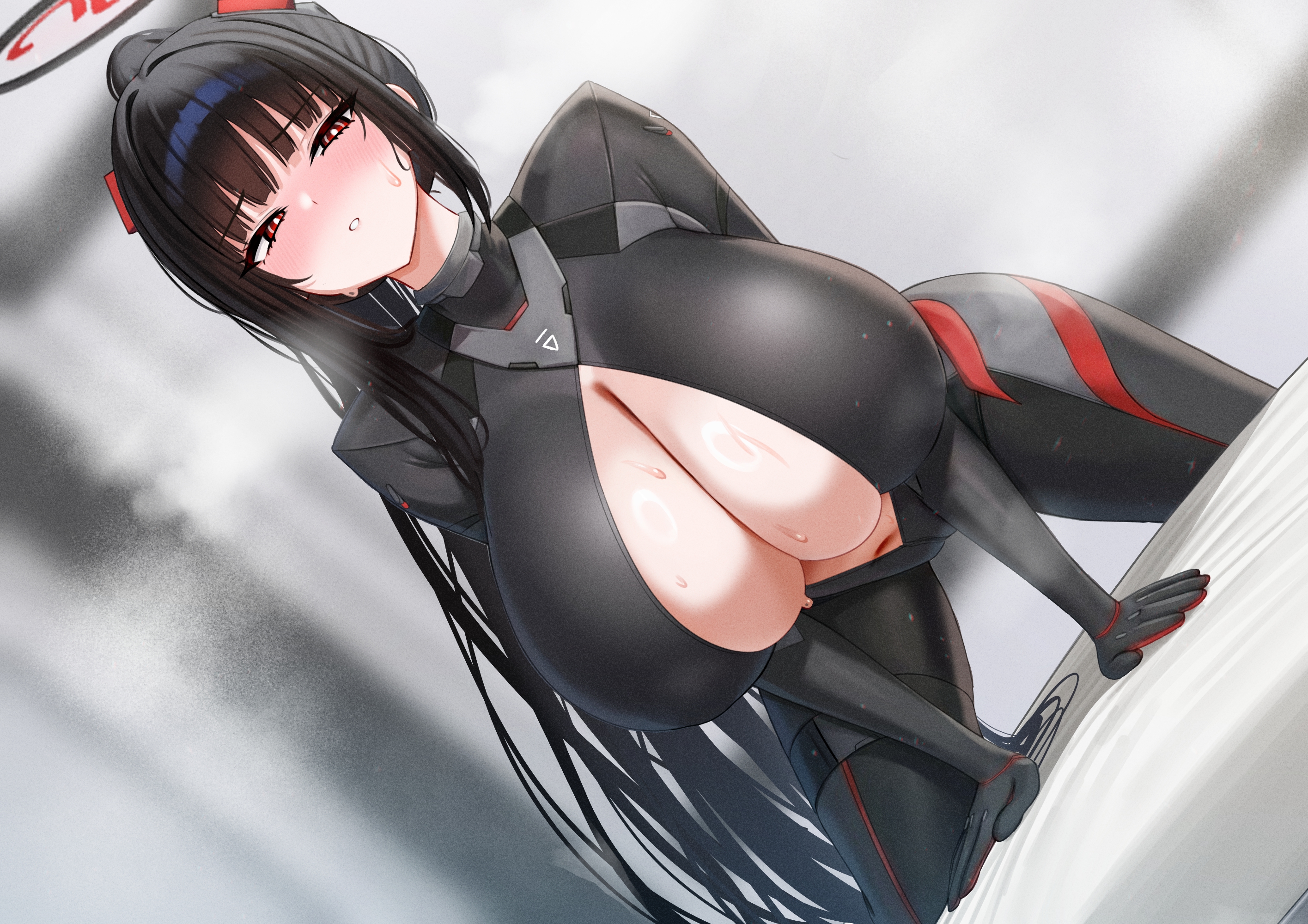 2d, 2d (artwork), 2d artwork, alternate version available, bed, bedroom eyes, big breasts, black hair, blue archive, blush, bodysuit, boob spillage, boobs, breasts, cleavage, cleavage cutout, gigantic breasts, huge breasts, large breasts, massive breasts, mizikayo, nipple bulge, on all fours, on bed, ponytail, red eyes, rio (armed) (blue archive), rio (blue archive), seductive, seductive eyes, seductive look, seductive pose, sweat, sweatdrop, sweaty body, tight bodysuit, tits