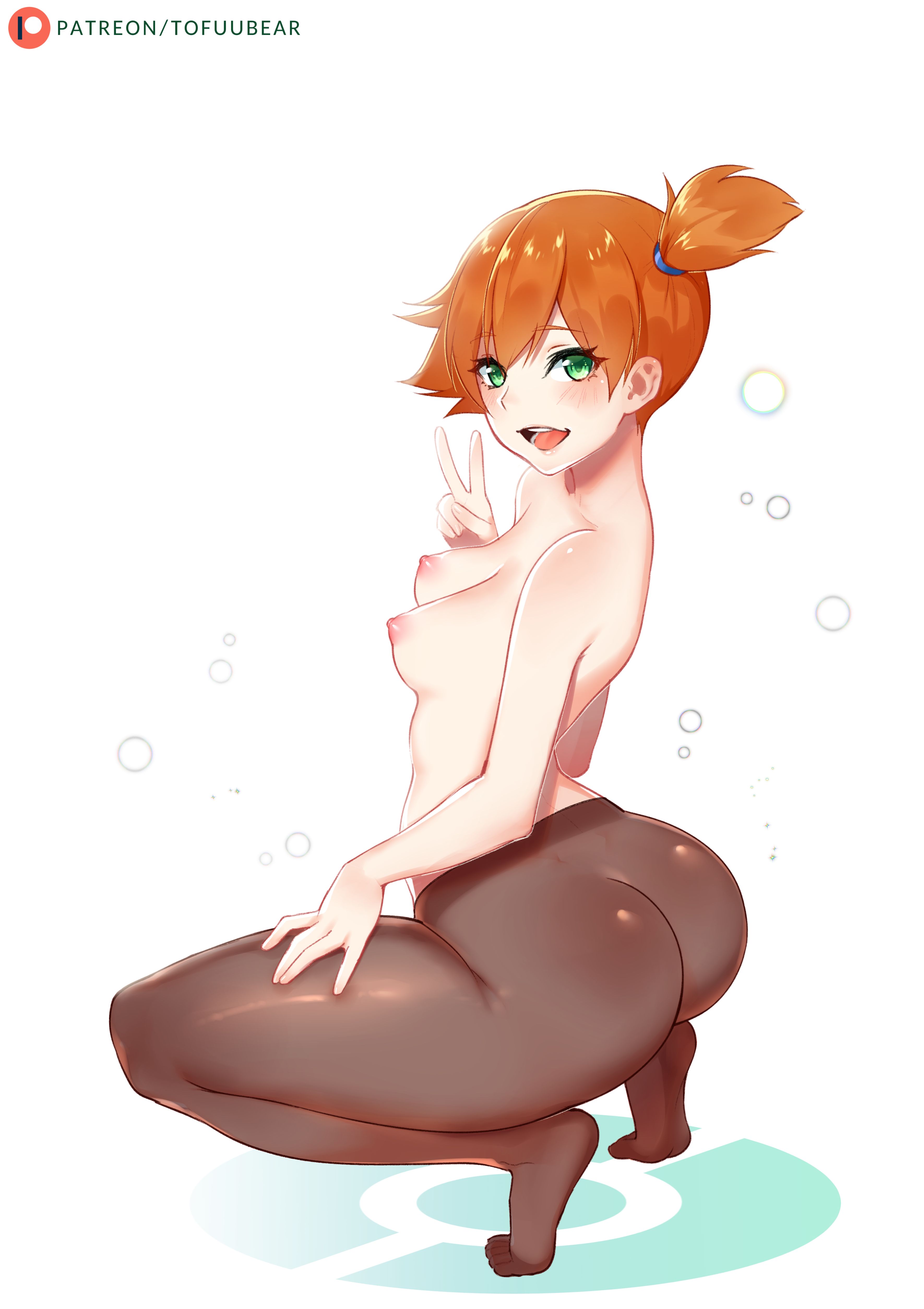 1girls, alternate version available, ass, big areola, breasts, erect nipples, female, green eyes, gym leader, human, human only, misty (pokemon), nintendo, nipples, orange hair, pantyhose, pokemon, pokemon rgby, puffy nipples, short hair, small breasts, solo, squatting, tofuubear, v, wide hips