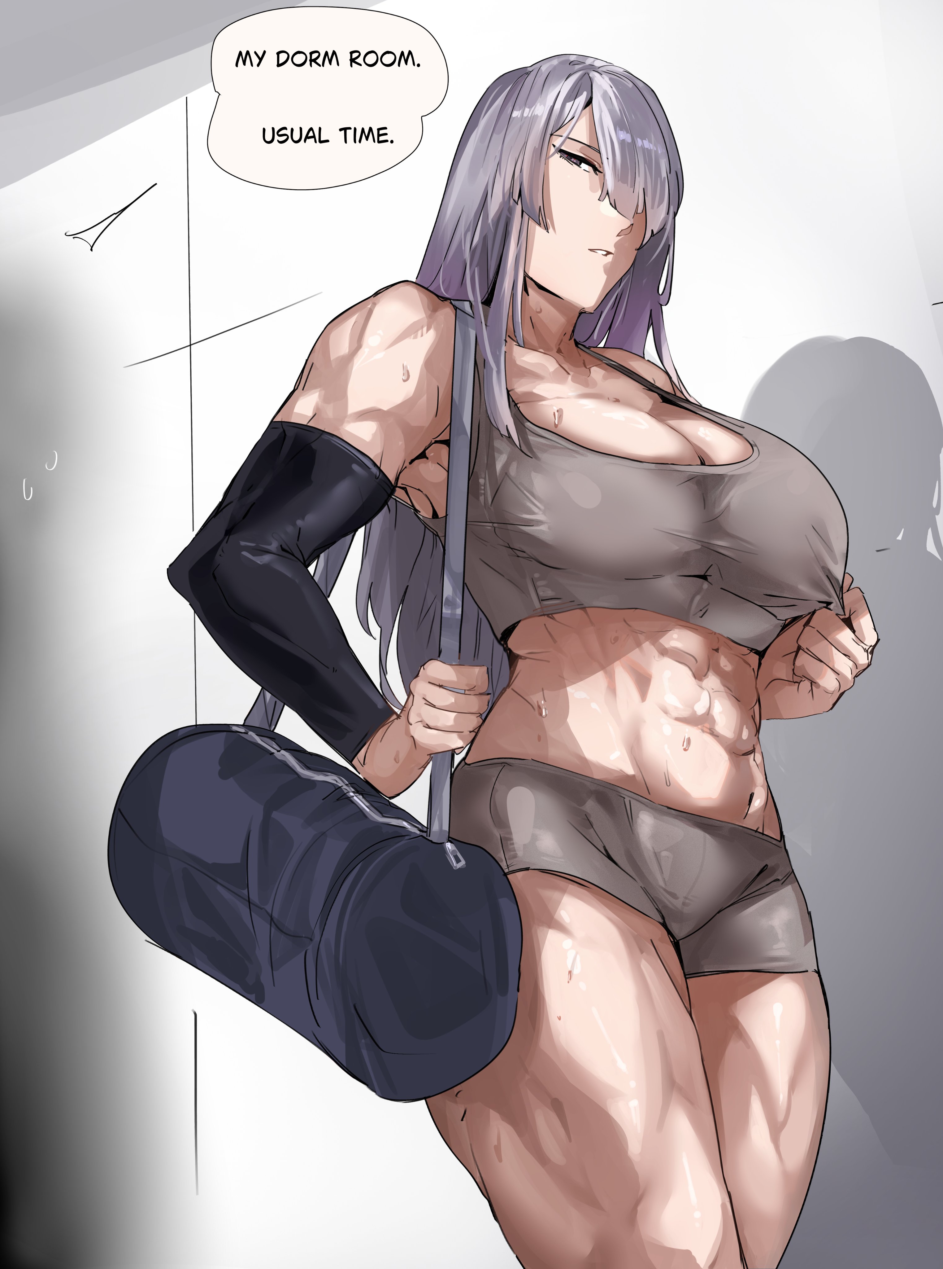 abs, ak-15 (girls' frontline), athletic, athletic female, big boobs, big breasts, big tits, bonemanjake, boobs, breasts, cleavage, female, female focus, female only, girls' frontline, girls' frontline 2: exilium, gym, gym clothes, gym shorts, hips, long hair, muscular, muscular female, muscular thighs, silver hair, sports bra, sweat, sweating, sweaty, thick hips, thick thighs, thighs, tits, voymastina (girls' frontline 2), wide hips