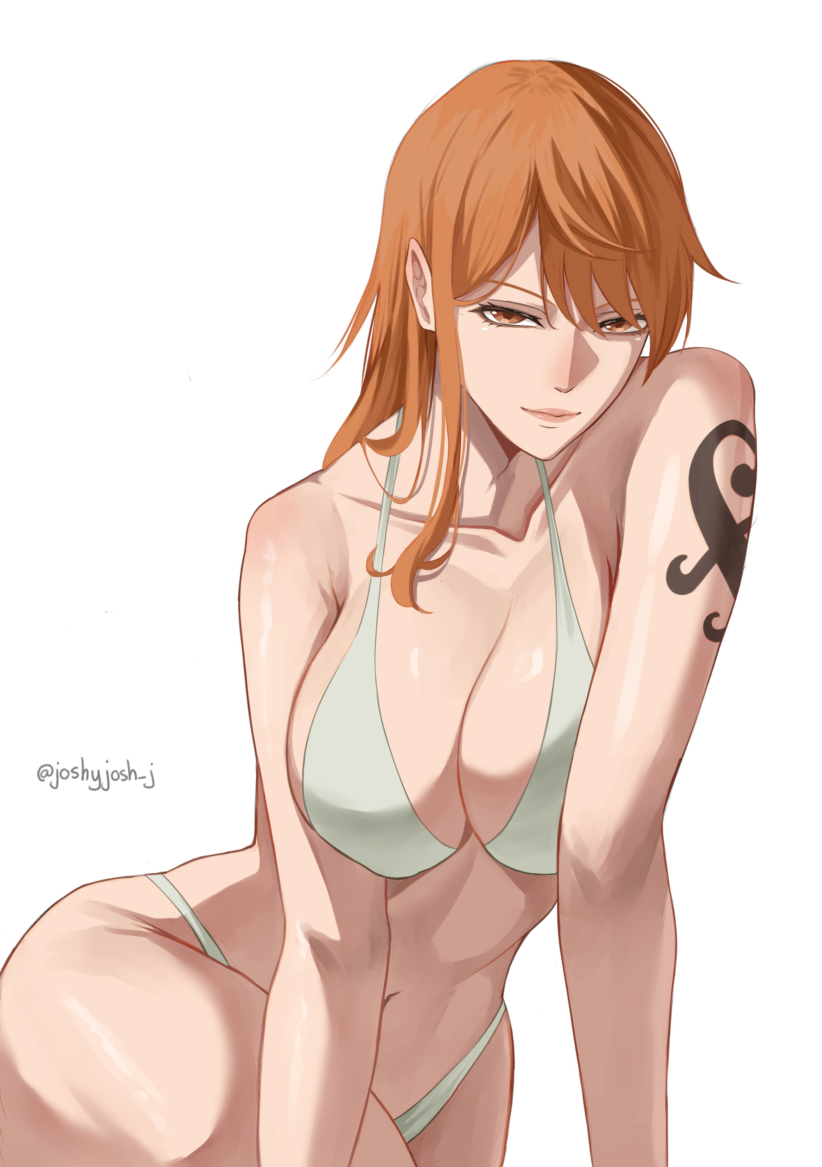 1girl, 1girls, absurdres, arm tattoo, bare arms, bare shoulders, bikini, black tattoo, breasts, cleavage, closed mouth, collarbone, commentary, cowboy shot, english commentary, female, female only, hair behind ear, hair between eyes, highres, joshyjoshj, large breasts, lips, long hair, looking at viewer, nami (one piece), navel, one piece, orange hair, orange-haired female, pink lips, shoulder tattoo, single sidelock, solo, stomach, swimsuit, tattoo, thighs, twitter username, white background, white bikini