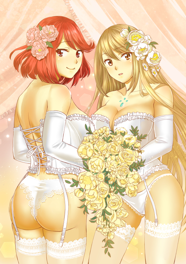 2d 2d_(artwork) 2girls ass back bangs bare_shoulders big_ass blonde_hair blush bouquet breasts chest_jewel cleavage closed_mouth clothed commentary corset cover cover_image cover_page dat_ass detached_sleeves doujin_cover doujinshi dress elbow_gloves english_commentary eyebrows eyebrows_visible_through_hair female female_ass female_only flower flowers from_behind garter_straps gem gloves hair_between_eyes hair_flower headpiece lace-trimmed_panties lace-trimmed_thighhighs large_breasts lingerie long_hair looking_at_viewer looking_back multiple_girls mythra nintendo ooshima_aki open_mouth panties parted_lips pyra red_eyes red_hair short_hair skimpy smile standing stockings swept_bangs thighhighs thighs very_long_hair wedding_dress white_corset white_panties xenoblade_(series) xenoblade_chronicles_2 yellow_eyes