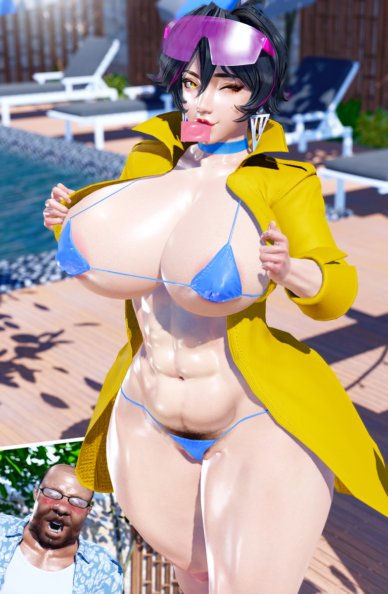 1boy, 1girls, 3d, bikini, condom, fat male, hairy pussy, hex3d, jubilation lee, jubilee, jubilee (marvel rivals), marvel, marvel rivals, ugly bastard, x-men