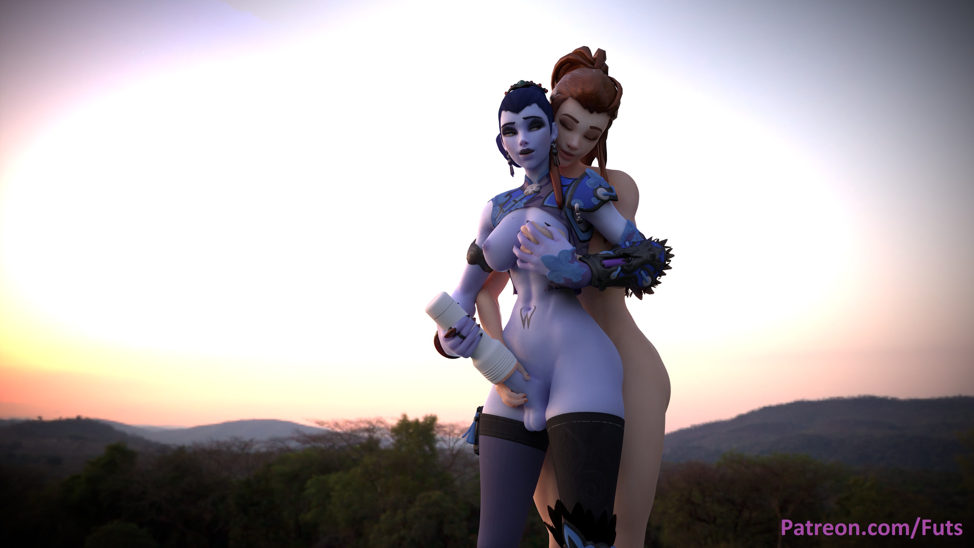 2futas, 3d, 4k, abs, amelie lacroix, anal, anal sex, artificial vagina, balls, big breasts, black stockings, blender, blizzard entertainment, breast grab, breasts, brigitte, brigitte lindholm, brown hair, closed eyes, dickgirl, duo, erect nipples, erection, expressions, futa on futa, futa only, futanari, futs, grabbing from behind, hand on penis, holding breast, intersex, large breasts, masturbation, midriff, mutual masturbation, nail polish, navel, nipples, onahole, overwatch, penetration, penis, pleasure face, purple hair, reach around, sex toy, smile, stockings, testicles, thick penis, thick thighs, wide hips, widowmaker