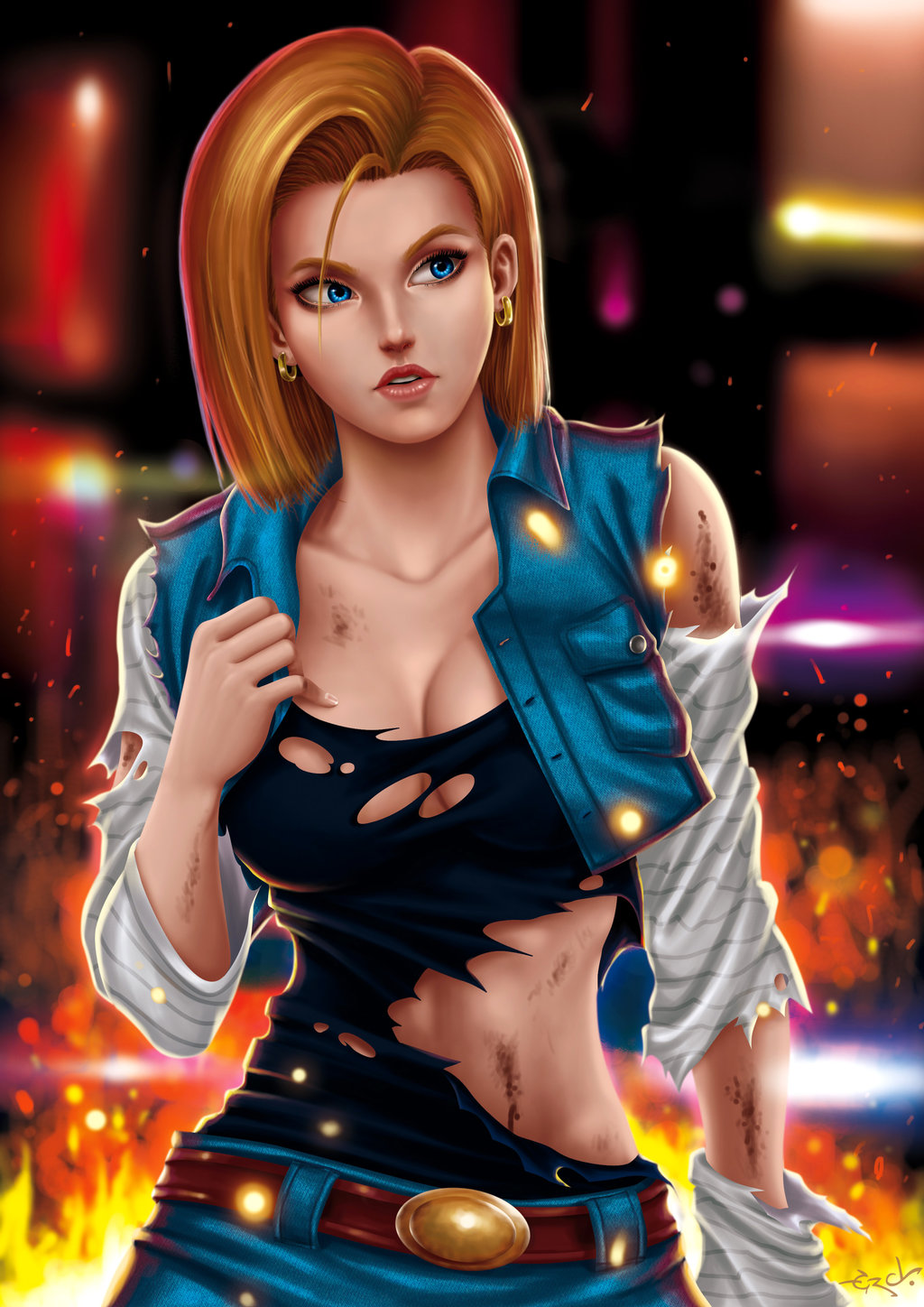 android_18 big_breasts blonde_hair blue_eyes cleavage curvy dragon_ball maltoniko milf short_hair thick_lips wide_hips